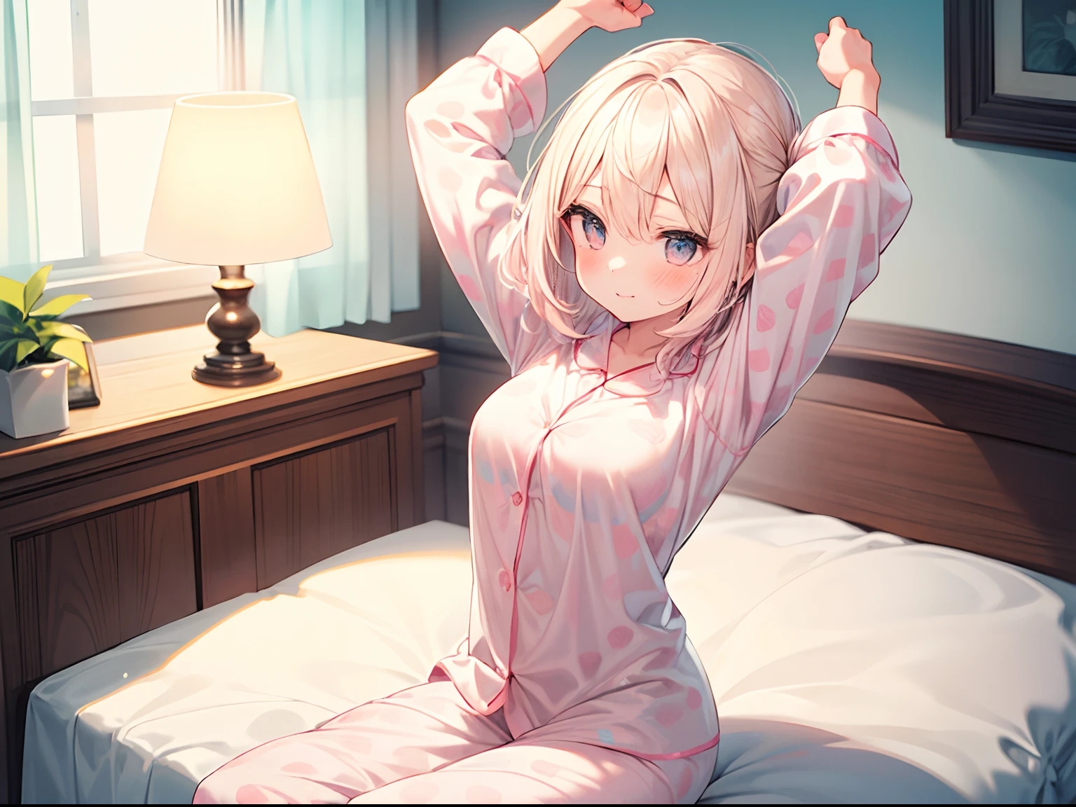 best quality, masterpiece, absurdres, highres, (1girl:1.6), (short shaggy perm hair:1.6), (light pink hair:1.5), (wearing dot pattern pajamas:1.4), fancy, best hands, perfect hands, break fancy, fancy, fancy, (flower effect:1.2), (cowboy shot:1.4), (perfect anatomy:1.3), break In a bedroom bathed in soft morning light,
BREAK
(a girl in pajamas sits on her bed:1.6),
BREAK
stretching her arms high, a look of pure relief on her face.
BREAK
The day begins anew,
BREAK
and in the background, a used alarm clock and reading lamp mark the night's transition.