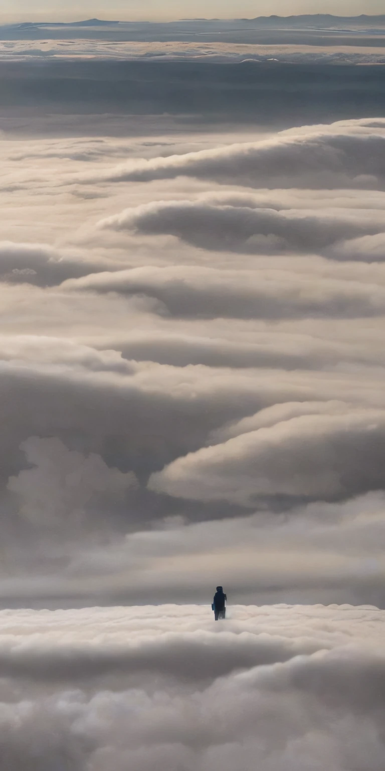 There is a lonely man in the middle of a sea of clouds, Clouds on the surface, nuvens suaves, nuvens rodopiando, acima de nuvens baixas em camadas, Nuvens Stratocumulus em camadas, nuvens volumosas, Nuvens enevoadas, Fundo cheio de nuvens tempestuosas, swirling clouds, Nuvens Altostratus, coberto de nuvens, Nuvens surreais, dramatic swirling clouds, com trovoes