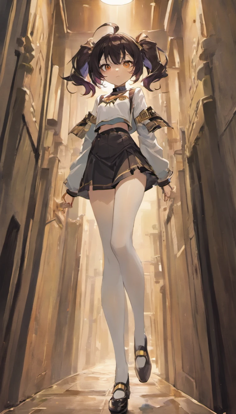 Vertical painting on the front，black color hair，Golden eyes，High ponytail，There are tear marks on the face，Black baseball uniform split off，Inside is tights，But the lower body is wearing a short skirt，athletic sneakers，The left leg is wearing black stockings，The right leg wears white stockings and a leg ring，slender woman，deep in the night，alleys