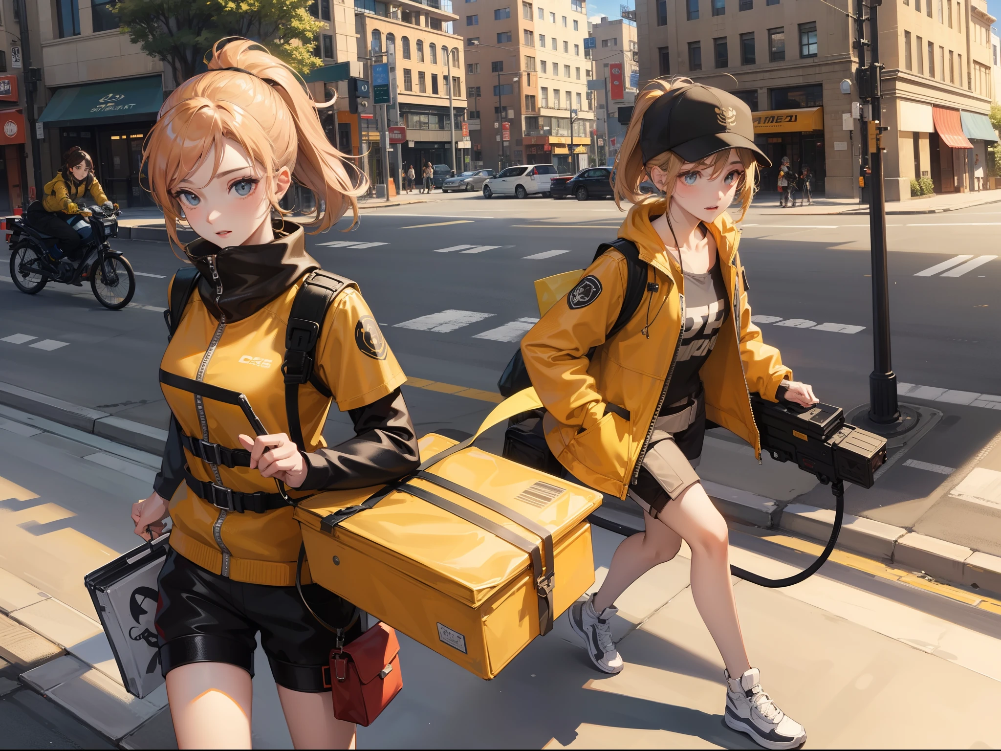 Female courier, tooling, on the way to deliver the courier, on the streets of the city, high detail, 4K, masterpiece.