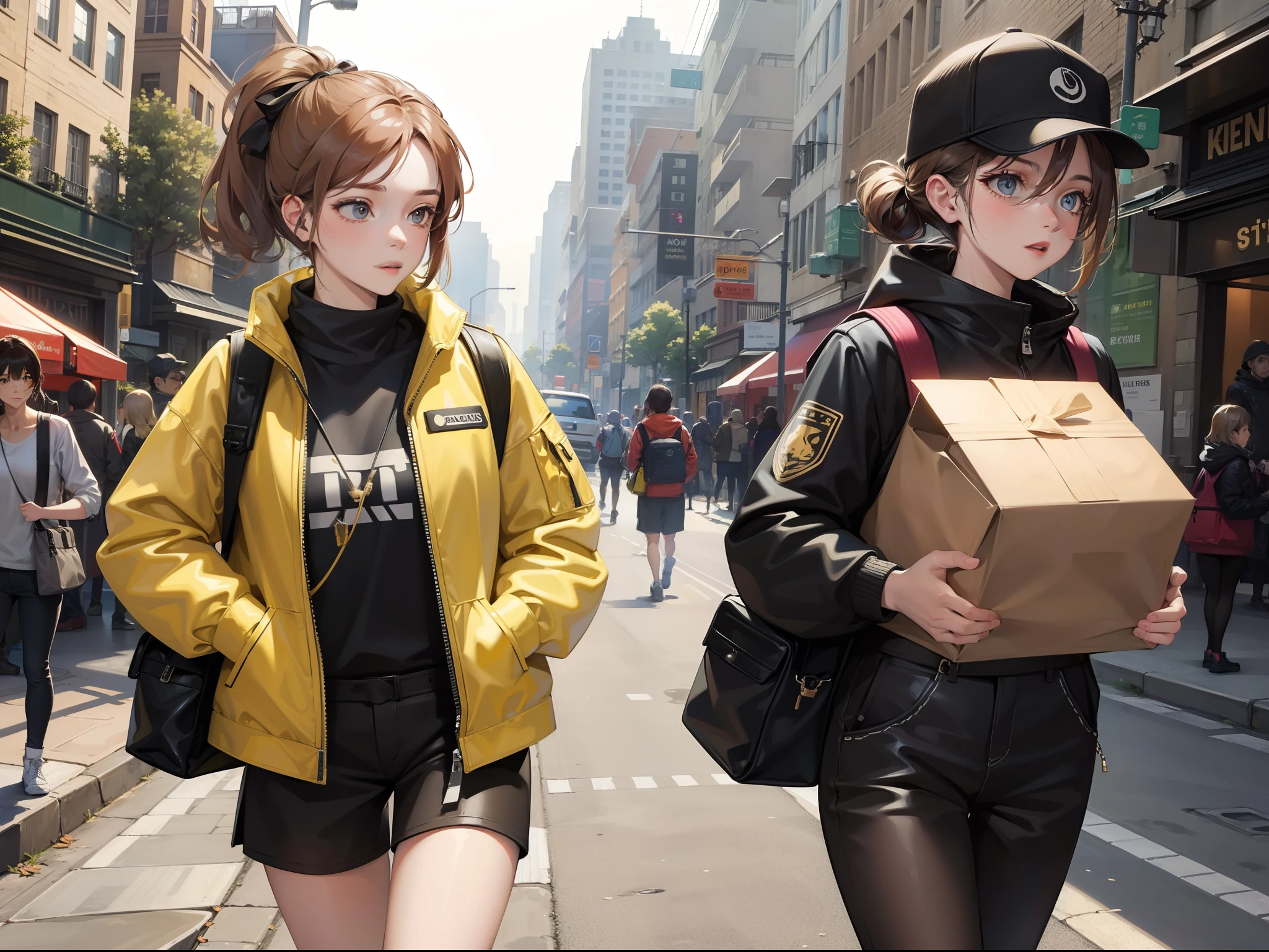 Female courier, tooling, on the way to deliver the courier, on the streets of the city, high detail, 4K, masterpiece.