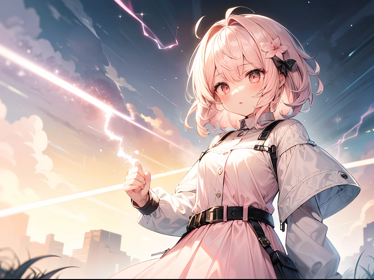 best quality, masterpiece, absurdres, highres, (1girl:1.6), (short shaggy perm hair:1.6), (light pink hair:1.5), (flower effects:1.2), (cowboy shot:1.4), break A beautiful lightning bolt illuminates the night sky,
BREAK
its powerful and overwhelming beauty lighting up the darkness in an instant.
BREAK
The thunderous roar echoes in the distance, emphasizing the lightning's presence. Witnessing this natural force, people are awed by its grandeur and mystique.