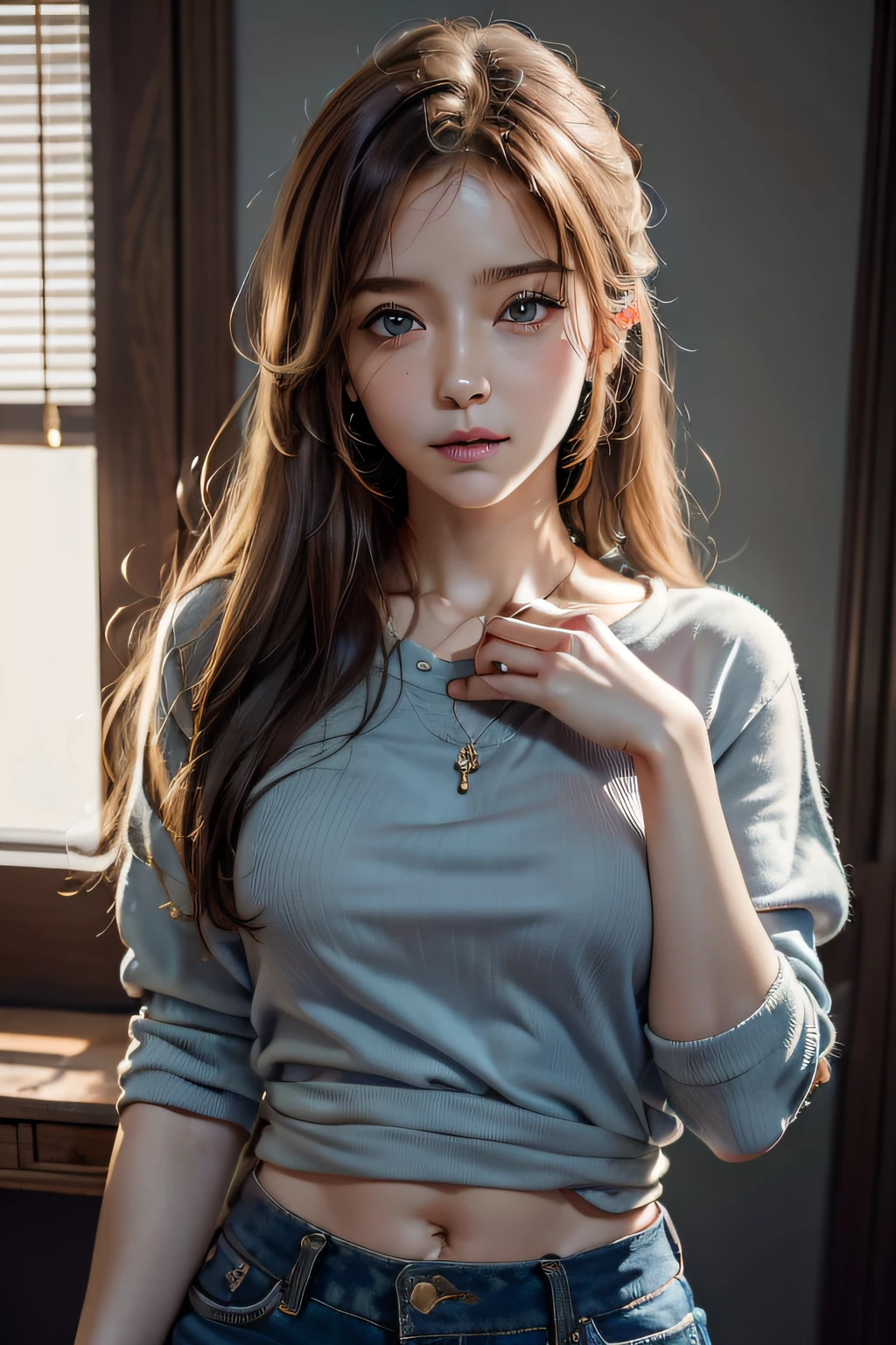 (8K, Best quality, Masterpiece:1.2), (Realistic, photo-realistic:1.37), Realistic fingers, Ultra-detailed, Detail fingers, Detailed portrait of 1 21-year-old girl, Cool outfit, Beautiful girl, British girl, Pale skin, Perfect body, nice abs, Blue eyes, blond hairbl. The scene is illuminated by professional lighting, photon maping, and radiosity, Tetsuya Yonomura. Blur bokeh effect, Realistic light.