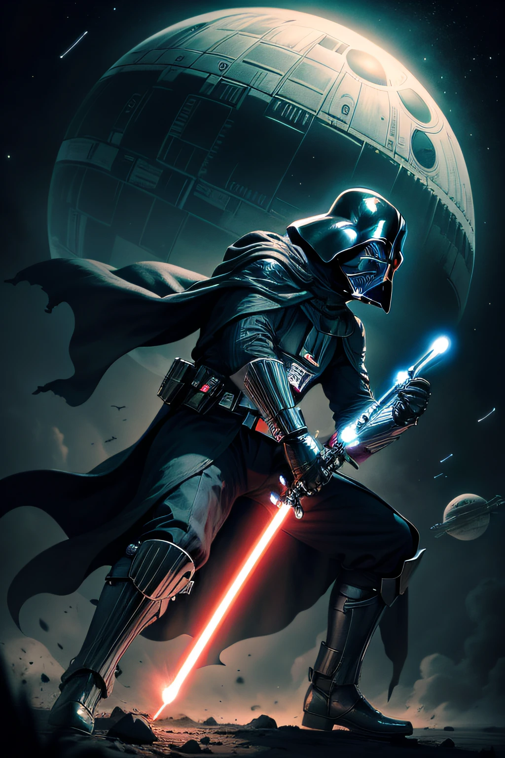 Darth Vadar with his lightsaber sword in combat position floating in space with the Death Star in the background