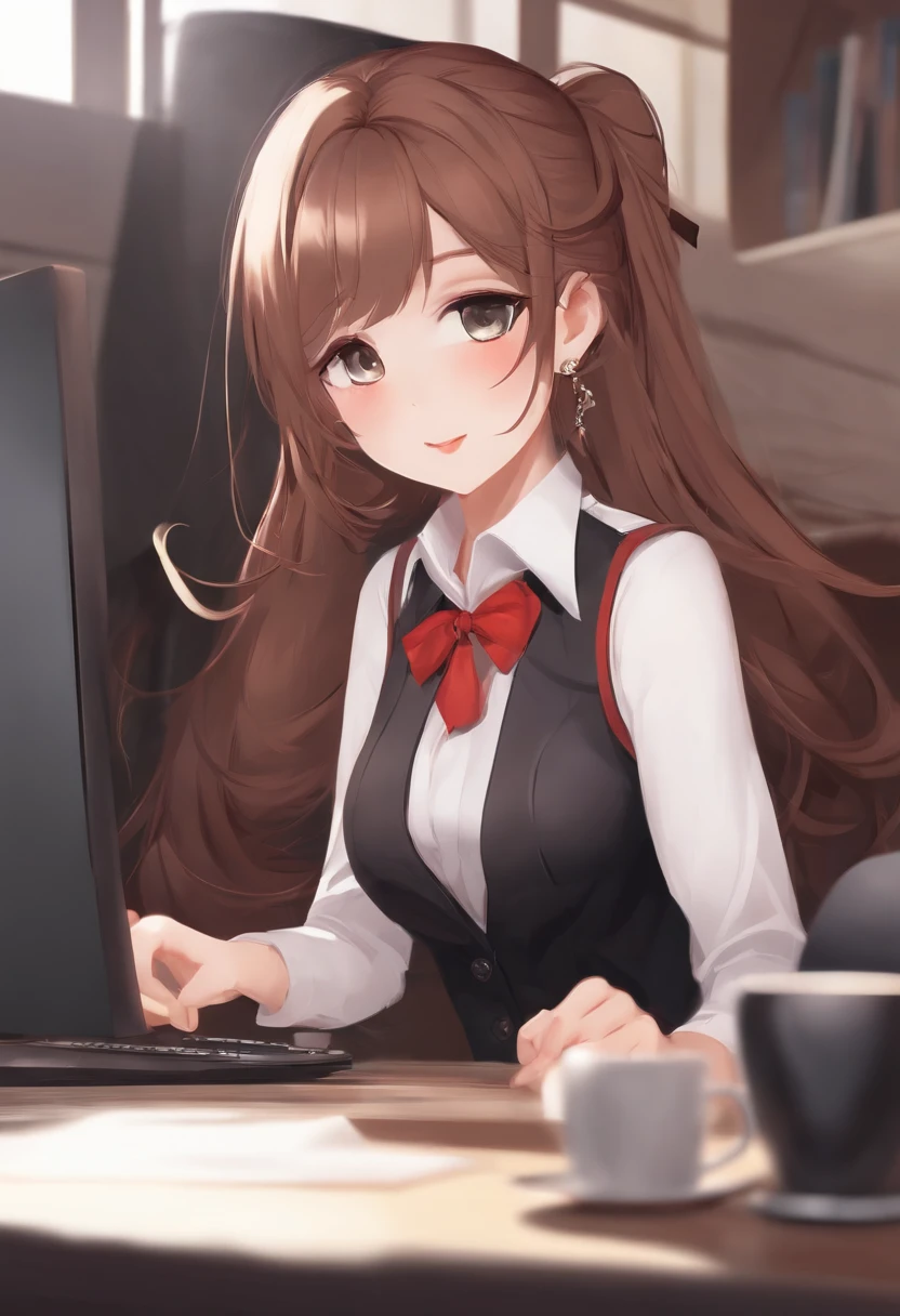 Obra maestra, La mejor calidad, Twitch-chan, clip para el cabello, adorno para el cabello, Camisa con cuello, sin mangas, corbata, Guantes, sitting behind a desk, Mirando al espectador, They are smiling, Agitando, dormitorio, cama, Computer mouse, teclado