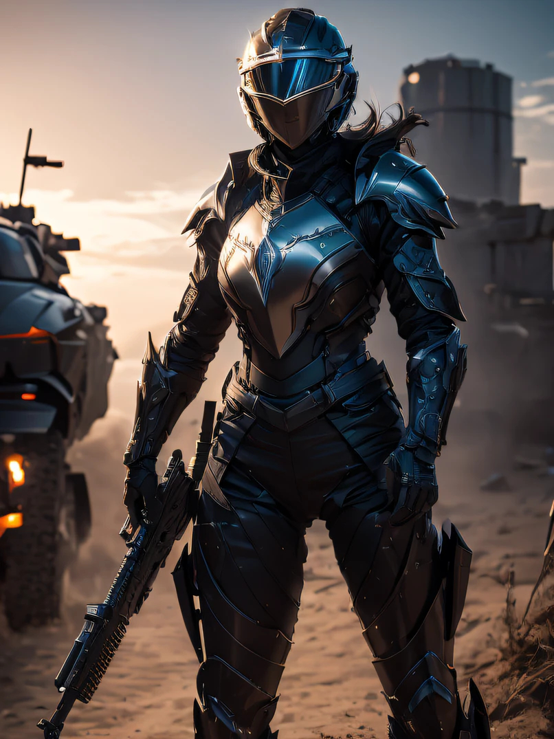 hight resolution、​masterpiece、top-quality、ultra-detailliert、​masterpiece、foco nítido、lighting like a movie、One adult woman、Full body depiction、Black reinforced armored suit for troops with complex patterns、Helmet that covers the head and face、With full face shield、full armor、Full Face Armor、Black combat goggles、Black sunglasses、Gun firing、glint、sky at night、 battle field、detailed face depiction、Detailed hand depiction、watching at viewers、Dynamic action