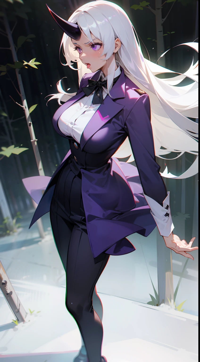 1woman,solo,40s,serious face,teacher outfit,medium tits, white hair,long hair,purple eyes,horn,mouth open, standing in front of a forest