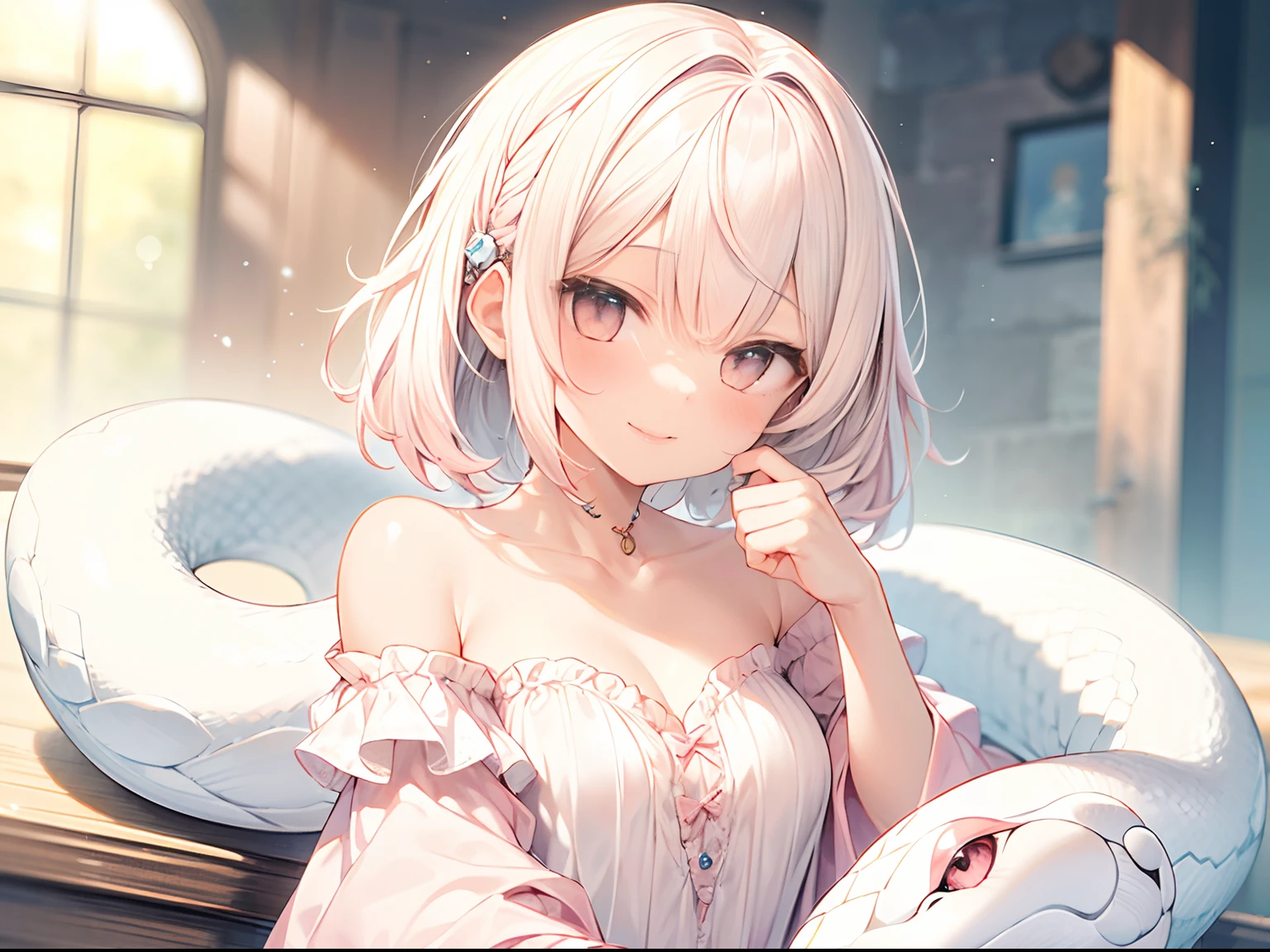 best quality, masterpiece, absurdres, highres, (1girl:1.6), (short shaggy perm hair:1.6), Fractal Art, BREAK (Light pink:1.5), kawaii, (happy smail:1.2), (Ruffled chiffon dresses:1.4), fancy, fancy, fancy, peaceful, best hand, BREAK (A white snake rests on his shoulder:1.4),