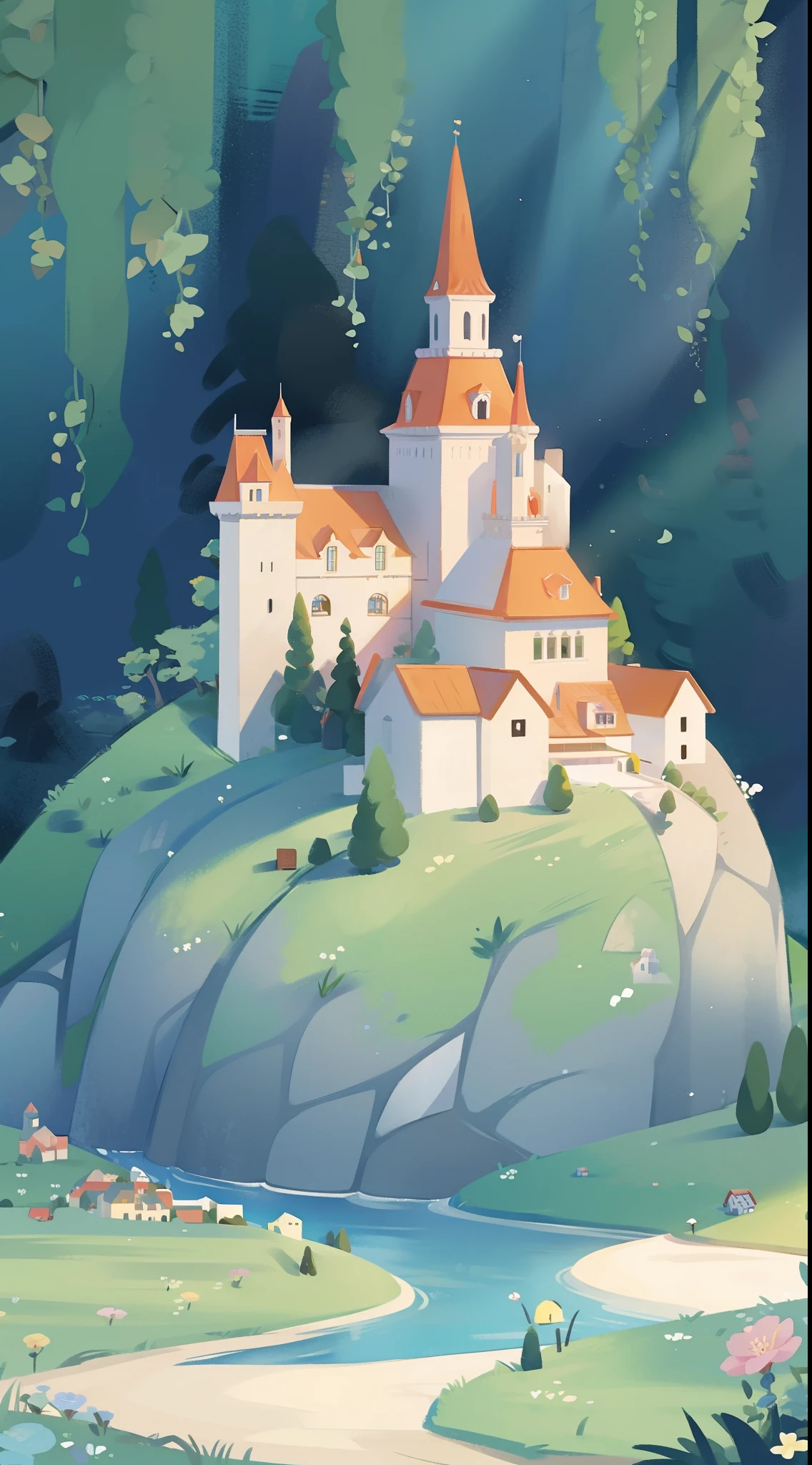 watercolor storybook illustration, hidden huge whimsical asymmetrical castle, warm colors, colorful flower garden, overgrown vines and plants, trees and bushes, ((fairytale castle)), princess castle, storybook castle surrounded by village, cottages, people