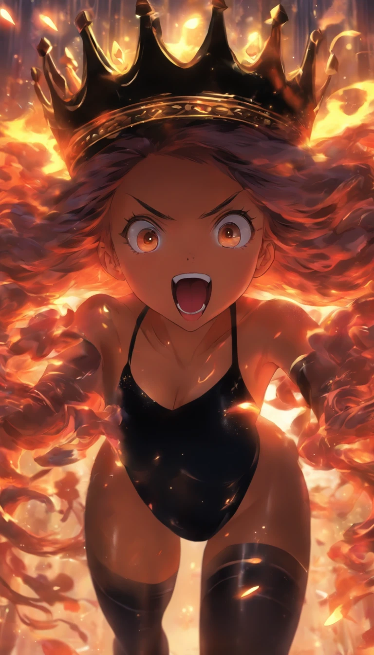 ((1 do anime)), cabelos loiros, olhos azuis, Pele branca, ((seios grandes)), ((obscene expression)), ((Usando uma malha preta)), ((decote)), trilha de saliva, ((put out the tongue)), sentado em um trono real, ((Meias longas pretas)), ((wearing a large crown on his head)), legs are open, ((wearing a black underwear)), Teto enorme, ((terno apertado)), Detailed description, ((corpo inteiro)), Tatuado