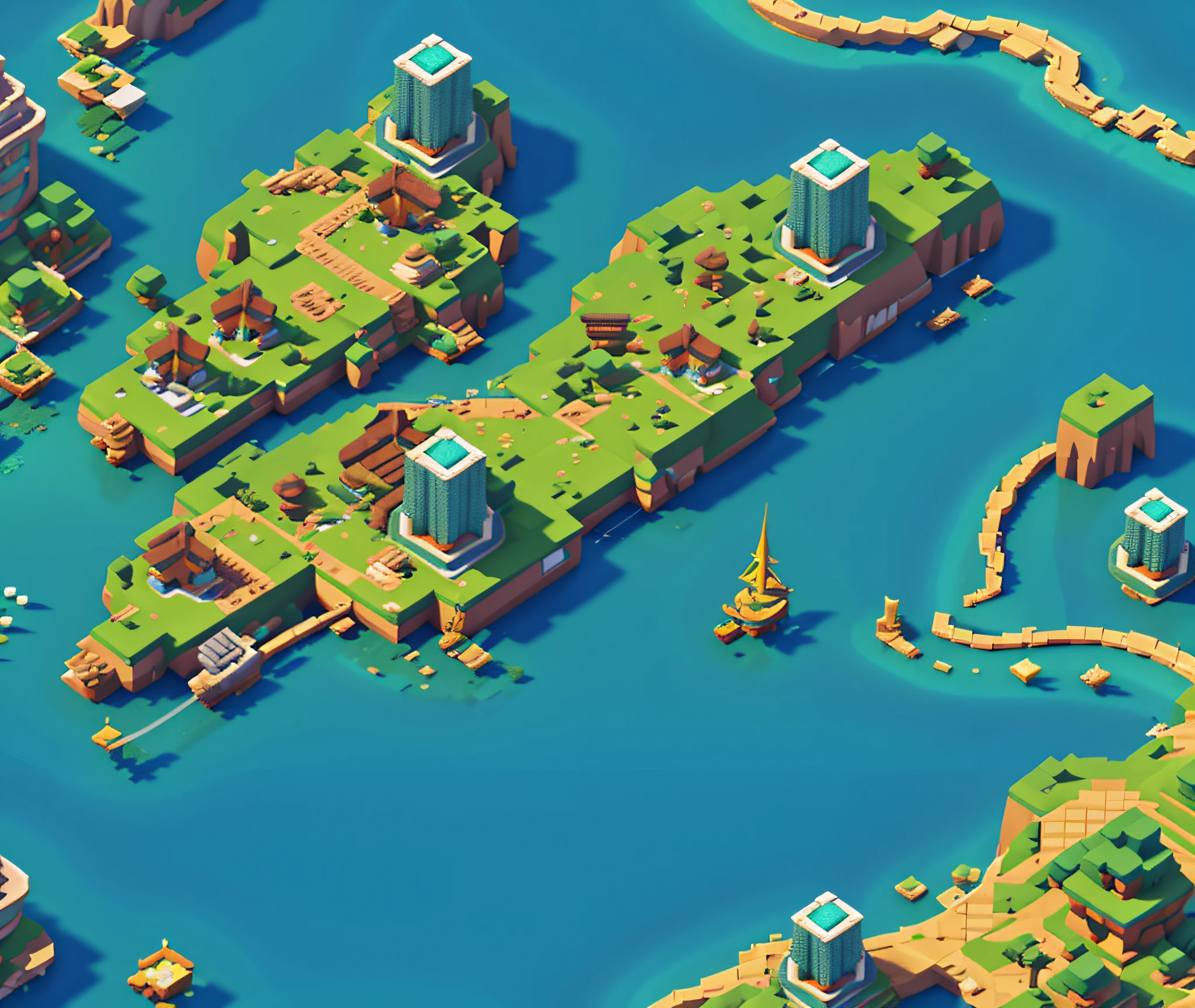 Blue sea background、SimCity map rendered in Cinema 4D、Green island with small town and road々、Minecraft、isometric、Top-down flat view、.3D Maps、game architecture design、comic strip、3D、blender、​masterpiece、ultra-detailliert、top-quality、