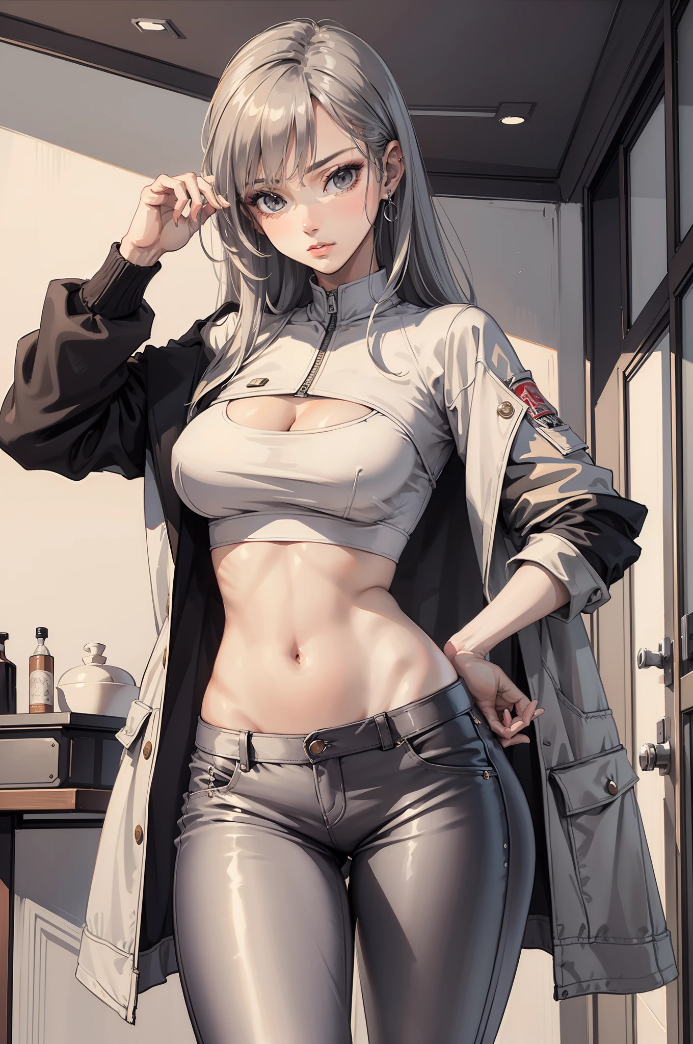 (masterpiece, Best Quality, ultra-detailed, high resolution, extremely detailed CG, official art, Professional Lighting, Perfect Anatomy, anime colors), (from below), looking at viewer, cowboy shot, perfect body, 24yo beautiful 1girl, medium hips, glamorous body,a small face,beautiful-makeup,Makeup light,Shortcut Hair,dark brown hair、Bust b Cup, Amazing Cleavage, thin waist, big ass, Raised sexy, big breast: 1.2 posed cleavage:1.2, (off shoulders,Sportsbra,legginullnude), micro denim shorts, bare legs, nail_polish, pale skin, Waiting friend, (morning:1.5), tokyo, (convenience store:1.3), outdoor, (depth of field:1.3), contrapposto, (Hold a coffee in your hand:1.3),delicate beautiful face, Bright magenta eyes, cute eyes, sparkling eyes, Big eyes, (big breasts:1.3), (perky chest:1.1), (pointed chest:1.3), looking at viewer,
