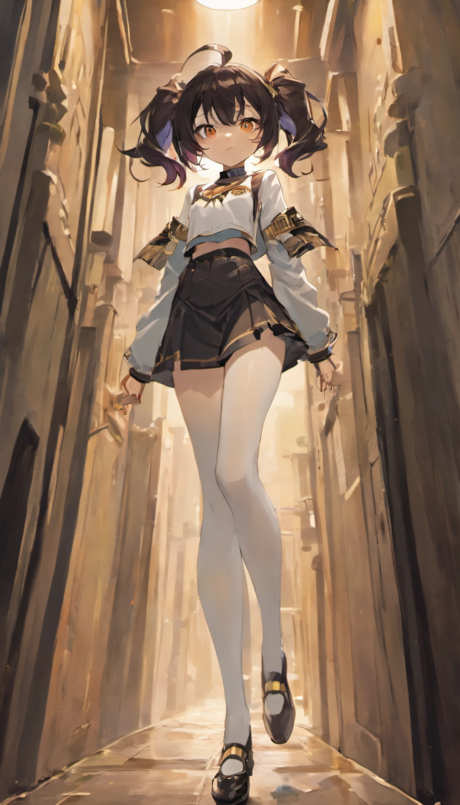 Vertical painting on the front,black color hair,Golden eyes,High ponytail,There are tear marks on the face,Black baseball uniform split off,Inside is tights,But the lower body is wearing a short skirt,athletic sneakers,The left leg is wearing black stockings,The right leg wears white stockings and a leg ring,slender woman,deep in the night,alleys