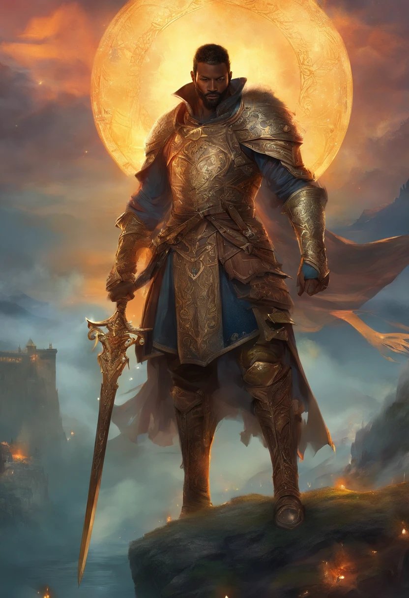 Make a man there is like was a son of Idris Elba, Henry Cavil and Rayleigh (From one piece). He is a Medieval Knight that uses a back steel spear at his right hand. He is using a fullplate armor with night and star themed.