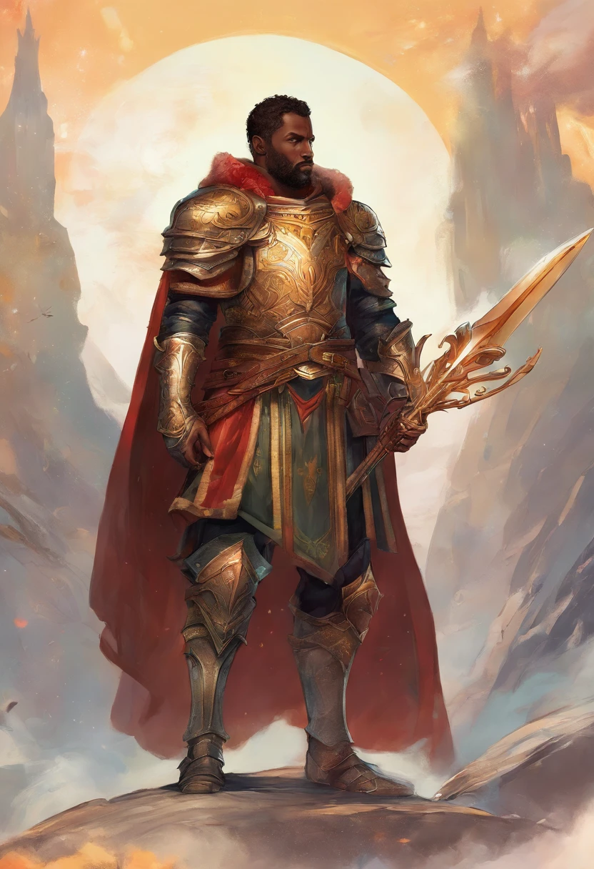Make a man there is like was a son of Idris Elba, Henry Cavil and Rayleigh (From one piece). He is a Medieval Knight that uses a back steel spear at his right hand. He is using a fullplate armor with night and star themed.