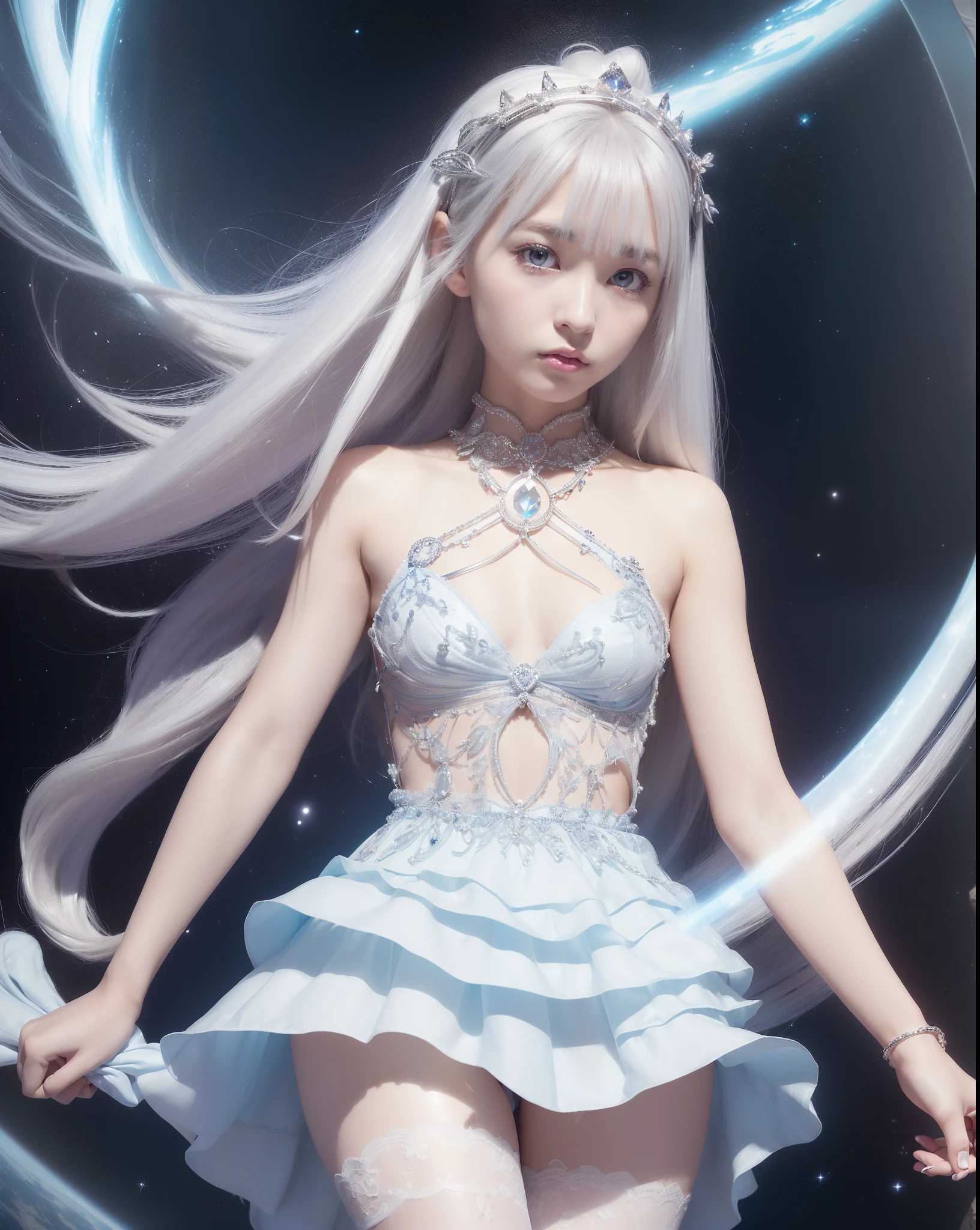 An ultra-high picture quality、(((full body Esbian)))、frontage、bilaterally symmetrical、((The background is a very dark Milky Way))、(((Planktonic)))、colourfull、muitoﾘｱﾙHuman texture、 ((( very cute beautiful skinny prague white girl)))、((Very white skin of a 14-year-old irl with blood vessels showing through))、(((very long and high nose of a white woman,,)))、(((Under the short nose)))、(((no-makeup)))、( Height 164 cm、head length 20 cm、leg length 82 centimeters,)、Normal shoulder width、Long arms、long subumbilical、long neck、Long below the knee、small hips、Thin little face、Natural double eyelids、 (1girl in:1.3),  Light persona, Dark Persona, mind control, fractral, ceiling, Artistic background, Geometric, organics, blessings, favor, noble, unfolded, elucidation, Anti-gravity, Antimatter, holy, Sacred, spiritual, Dignified, Luminescent, Holographic, About Magic Circle, photons, scales, Beak,(artistic)、(((The most fantastic bright light blue eyebrows))),,(((Ultra high resolution pale light blue silver hair and silky thin shiny eyebrows,,)))、(((Super luxury petite see-through western princess dress full of luxury accessories)))、(((Beautiful white skin with hair and pores,)))、(((Extremely delicate and brightly colored targets)))、(((Beautiful glowing caucasian woman with bright light blue iris iris eye with ultra high definition pattern)))、(((I love you))),(((Small drooping eyes with a gentle feeling)))、(((very thin eyelashes)))、(((Realistic naked eye)))、High Definition Lip、(((Cute girlish hairstyle spreads softly........)))、(((A Princess)))、(((large chest directed upwards in a very three-dimensional pointed shape,,,,,,,,)))、(((Dreams)))、(((Your imagination)))、(((Fluffy High Half Twin Tail Hair)))、Luxurious Princess Tiara、Luxury Princess Necklace、(((Looking at the camera)))、(((A gaze to look here)))、((With movement))、(((valkyrie)))、(((Reflective iron bikini armor)))、((s Armor)),Navel in a high position、((The sword))、(((magia)))、(((magic circles)))、Innovativ