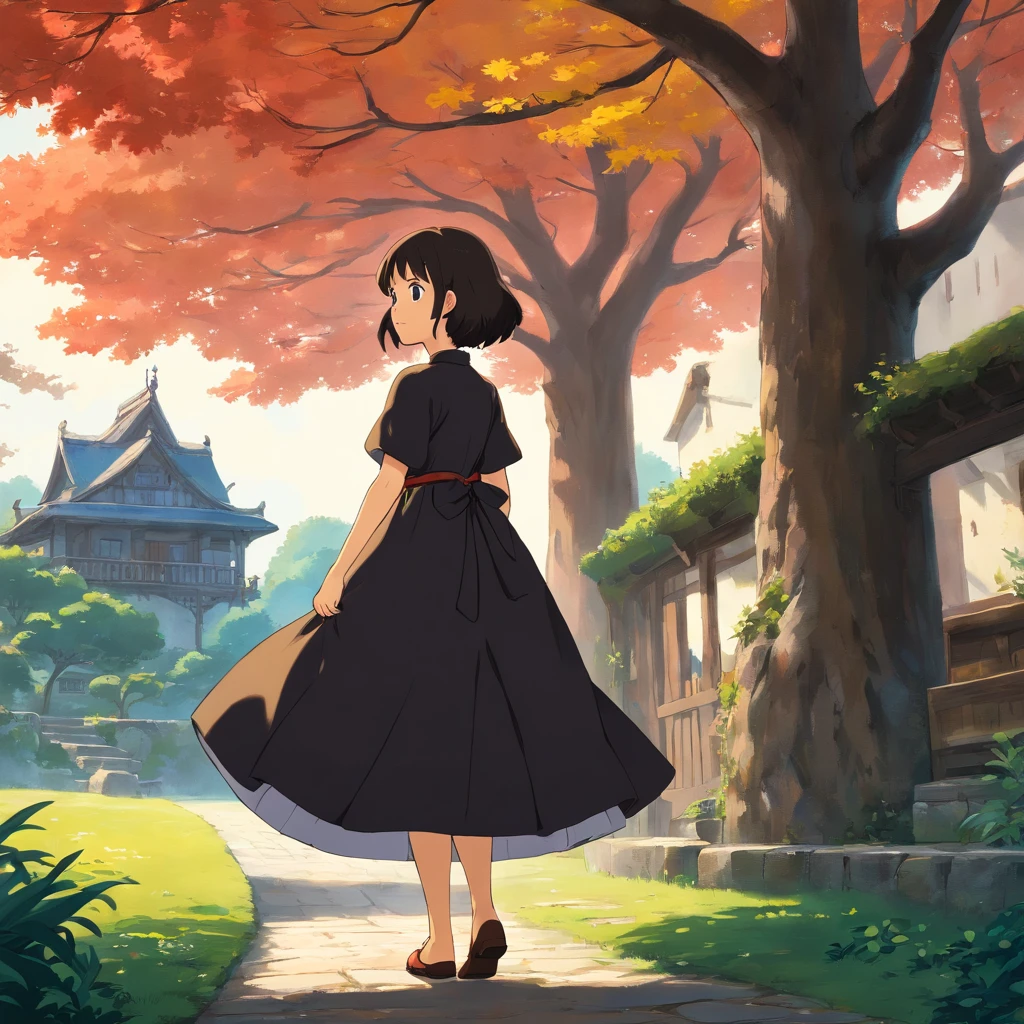 muchacha, Casa medieval, vestido, negro, tree, horizonte, audacia