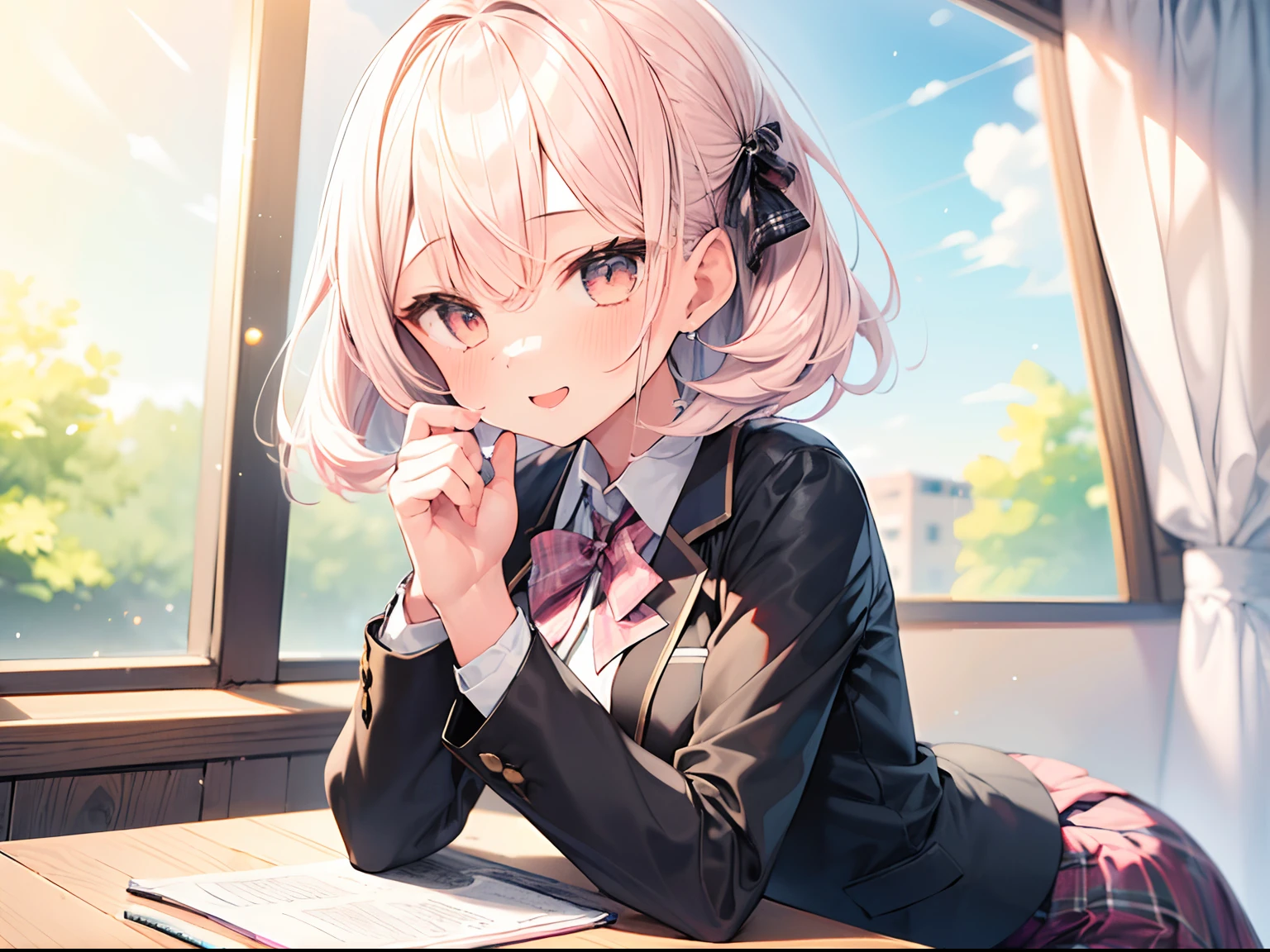 best quality, masterpiece, absurdres, highres, pastel color, soft colors, BREAK (1girl:2), kawaii, happysmile, (short shaggy perm hair:1.6), (light pink hair:1.5), upper body, fancy, fancy, fancy, (school uniform blazer collared shirt plaid skirt with petticoat:1.4), best hands,