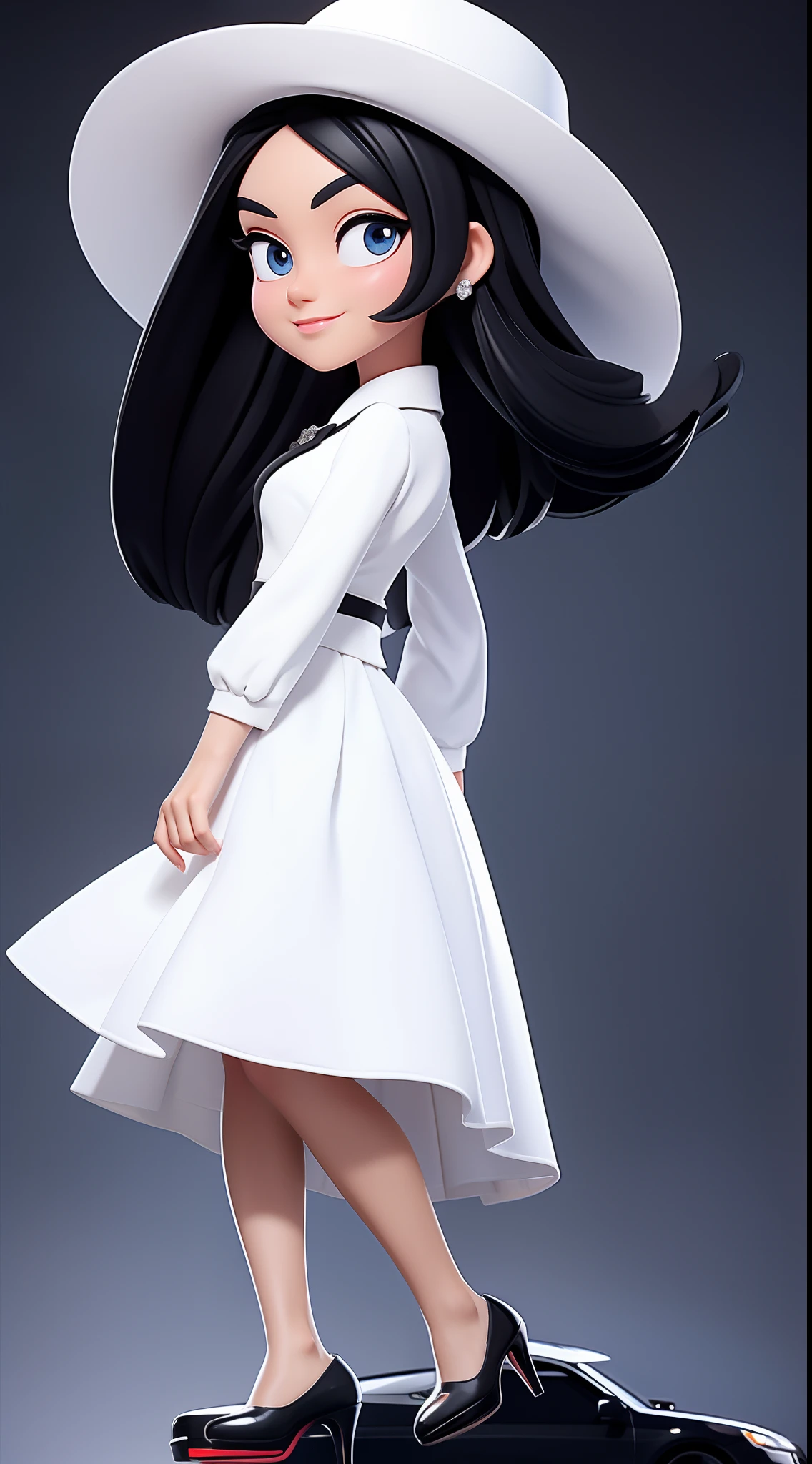 Madam,black hair,wearing white hat,formal dress,black shoes,with a black car,rich girl