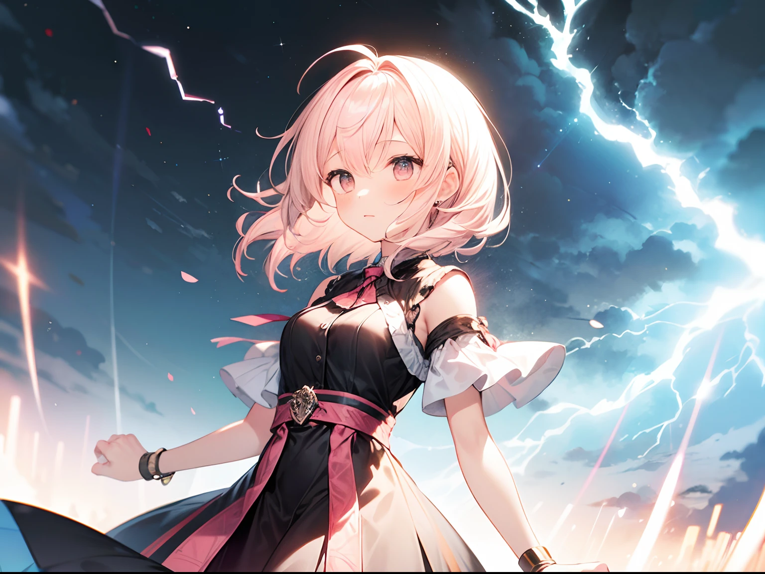 best quality, masterpiece, absurdres, highres, (1girl:1.6), (short shaggy perm hair:1.6), (light pink hair:1.5), (flower effects:1.2), (cowboy shot:1.4), break A beautiful lightning bolt illuminates the night sky,
BREAK
its powerful and overwhelming beauty lighting up the darkness in an instant.
BREAK
The thunderous roar echoes in the distance, emphasizing the lightning's presence. Witnessing this natural force, people are awed by its grandeur and mystique.