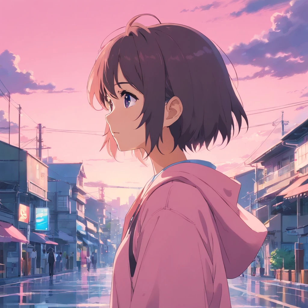 pequeno bonito, Um personagem de anime, The main colors are pink and light blue, PastelColors, fundo simples