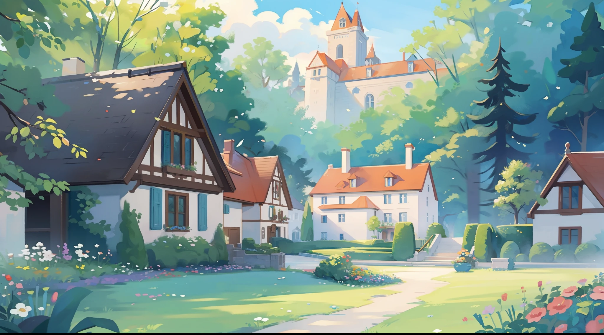 watercolor storybook illustration, hidden huge whimsical asymmetrical castle, warm colors, colorful flower garden, overgrown vines and plants, trees and bushes