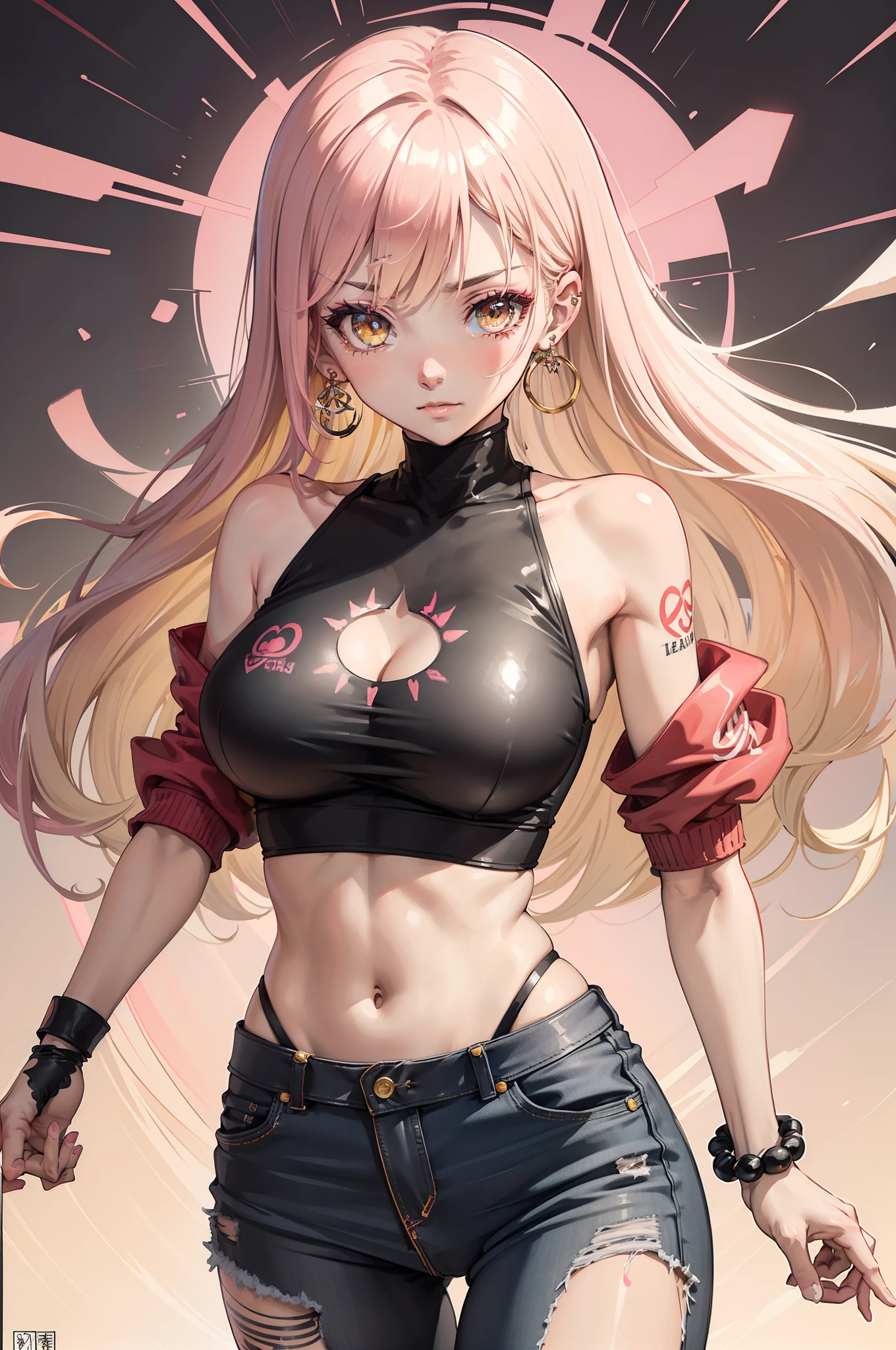 Background, mixed-language_text, Japanese letters in graffit, Ashley Alexis Beautiful woman, Long blonde hair, Excellent lighting, side-lighting, Perfect ultimate (Flat color: pink bubblegum gradient: 1.3), (Magazines_cover: 1.4), (Multicolored_Background: 1.3), streaked_Background, The cards_Background, :: Disc holding a sharp shiny blade :: Round white metal sheets glued to ultra-delicate arms,Shines with a sparkling light, The T-shirt is printed with a black star in the middle, Perfect and detailed sculptural figure, Super detailed shirt,Abstract design and Japanese letter print graffiti on both sides of clothes, worn jeans, big breast, with immersive effects, hover effect, Tribal tattoo in background graffiti style with flowers and bright colors, "Supergianthugebreasts" HDR is rich in detail,Has a focus effect, (Masterpiece: 1.2, Best quality), (Beautiful emerald yellow eyes,Huge delicate eyelashes: 1.2), , ((Solo)), (finely detailed eyes and detailed face:1.3),Beautiful ultra-detailed eyes, Line Art A faint smile, Doodle and tattoo style background, woman, Alone. midriff, Tight one-piece tight-fitting bodysuits,Decorated with detailed tattoo style prints, Ultra-detailed red gradient leather jacket, Hot thighs, black colored leggings,Ultra-fine white and pink details, Large breasts, Ultra-detailed bracelet on the arm, Mid-length earrings, Black finger gloves on the outside, Bracelet on the right arm,Has ultra-bright red energy