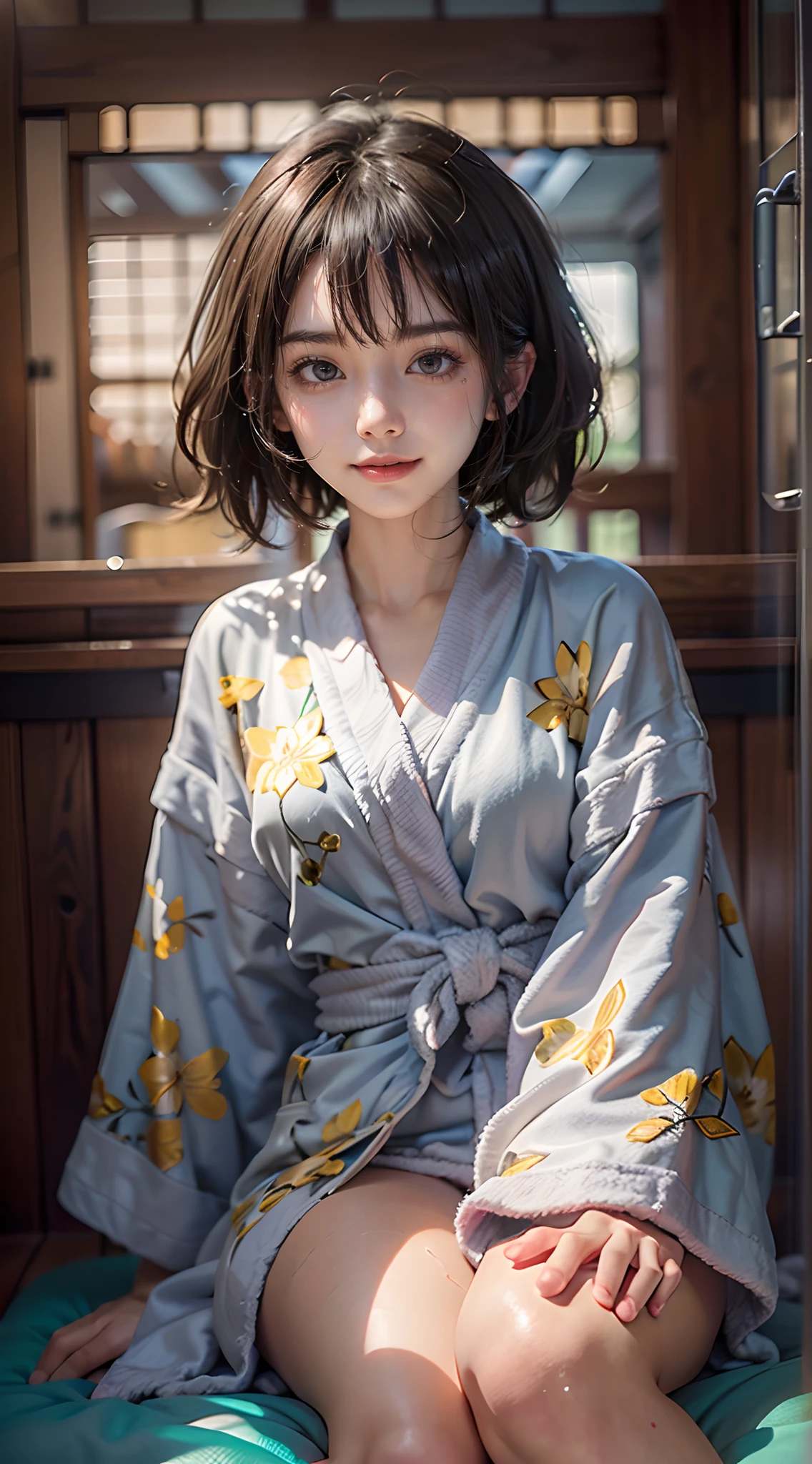 (The FW), 1womanl, Solo, 24 year old, 7headed body, (cute  face), (Ideal ratio body proportions), traditional Japanese room, Lie down on the futon, (((Bathrobe on top of naked))), Wet, Clothes are see-through, Smiling smile, long , de pele branca, small tits, A slender, Dark hair, short-hair, beauty legs, Small buttocks, Skinny Legs, surrealism, Cinematic lighting, depth of fields, One-person viewpoint, F/1.8, 135 mm, nffsw, masutepiece, ccurate, Anatomically correct, Textured skin, Super Detail, high details, High quality, awardwinning, Best Quality, hight resolution, 8K