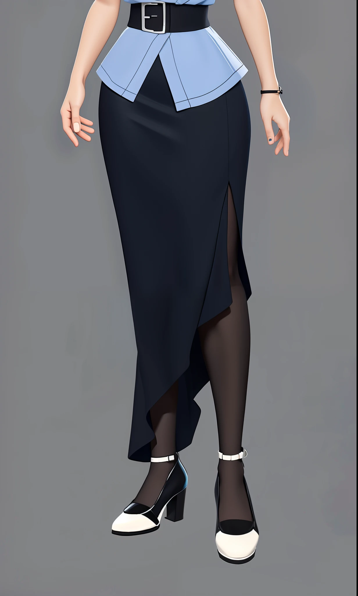 Caricature of a woman in a skirt and a blue shirt, full body detailing, Anime girl wearing black dress, stylized portrait formal pose, clothing design, full body portrait of a short!, Full body illustration, full body concept, full-body portraits, character full body portrait, she wears a black dress, cell shaded adult animation, full length character