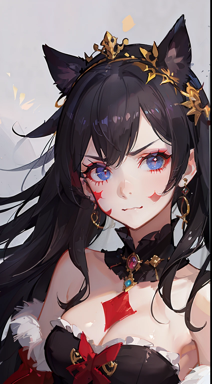 young girl, long black hair, The eyes are red, The shape of the royal jester, annoyed expression, clown makeup, Masterpiece, high quality