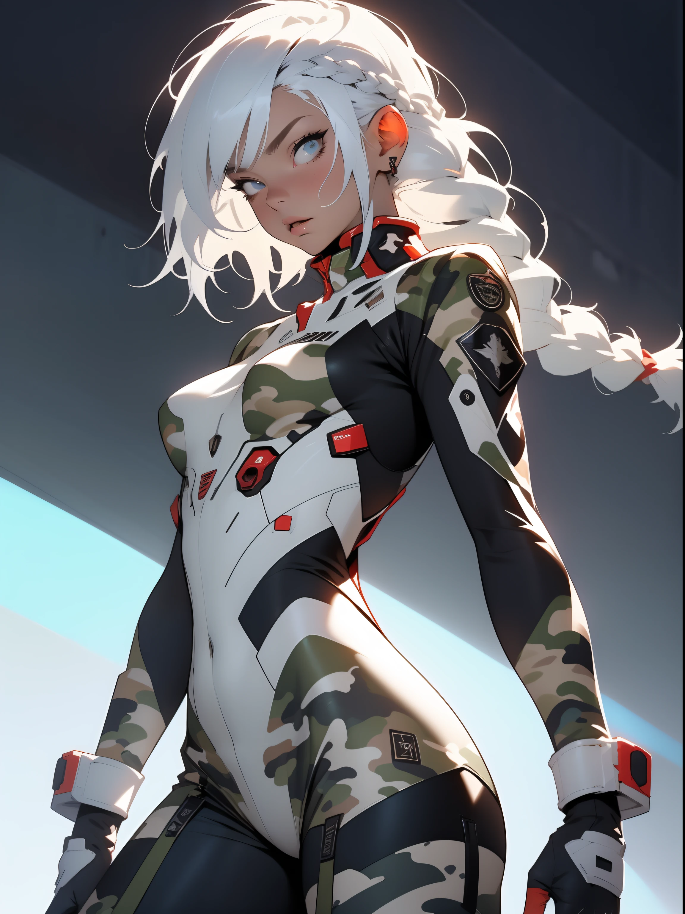 ((Best quality)), ((masterpiece)), (detailed: 1.4), (Absurd), War-ready female fighter pilot with military helmet, Marine, dark skin, defined muscular sculptural body, full body, bare half-thick thighs, closed mouth, muscular body covered in technological clothing, cyberpunk, semi naked, generous neckline, ((perfect medium breasts)), (super light blue eyes without pupils), (((military camouflage clothing)),  (((white hair with braid)))), long eyelashes heavy makeup, garter belt, by mucha, niji --V5, close to real, psychopathic, crazy face, sexy pose, background with a giant head of Neon style robot Genesis evangelion, 2 piece clothing, shoulder pads with airplane wings, pastel, centered, scale to fit the dimensions, HDR (High Dynamic Range),Ray Tracing, NVIDIA RTX,Super-Resolution,Unreal 5,Subsurface Dispersion, PBR Texture, Post-processing, Anisotropic filtering, Depth of field, Maximum clarity and sharpness, Multilayer textures, Albedo and specular maps, Surface shading, Accurate simulation of light-material interaction, Perfect proportions, Octane Render, Two-tone lighting, Wide aperture, Low ISO, White balance, Rule of thirds, 8K RAW, crysisnanosuit