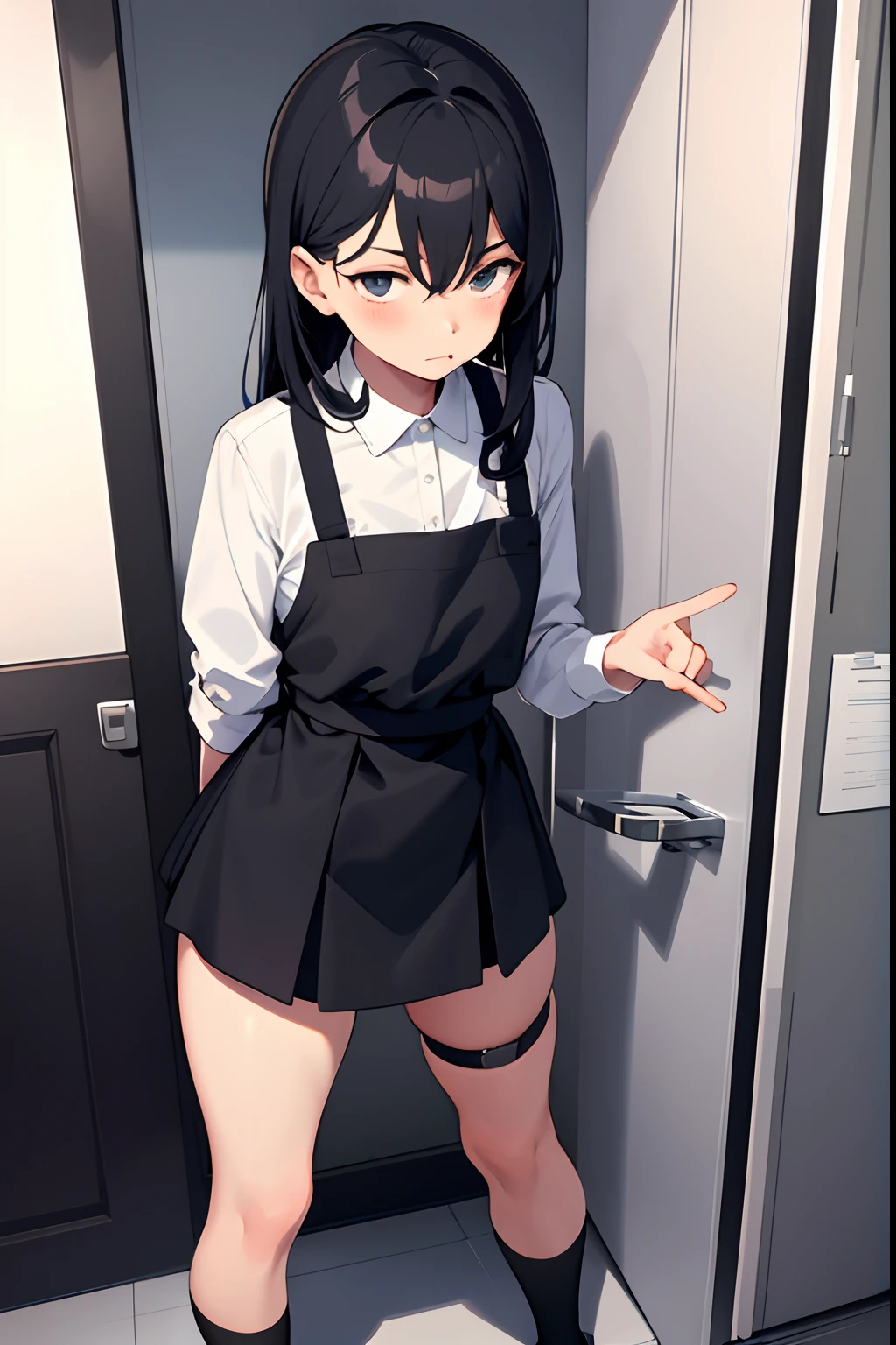 1 girl is taking to lavatory,looks away,are standing,Fleshy legs,black lence stockings,embarressed,is shy,Keep one's mouth shut,white backgrounid(The girl is peeing herself:0.4)
