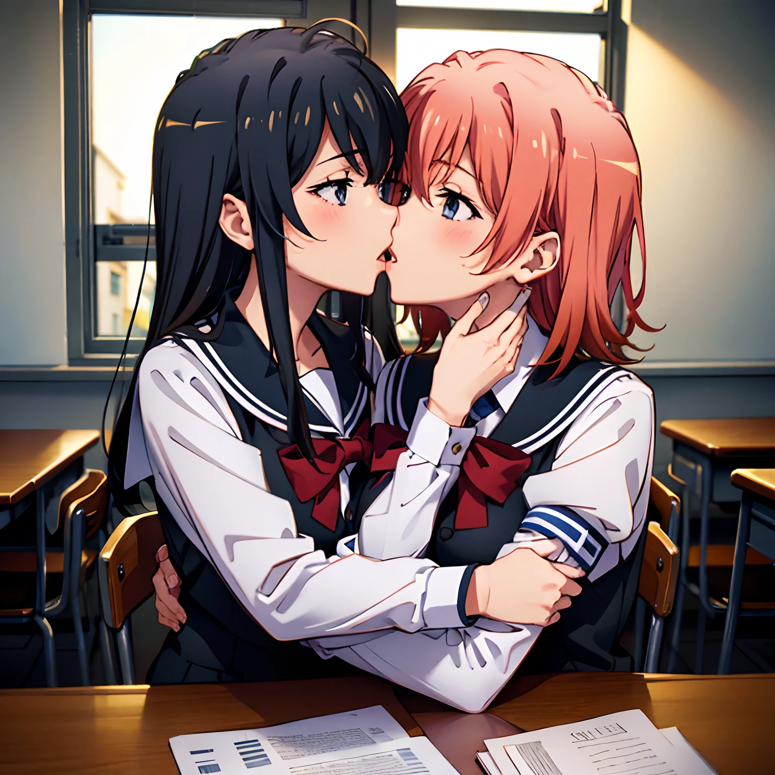 tmasterpiece, hiquality, detailing, school classroom, 2 girls, the kiss, French kiss, Erotic hugs,