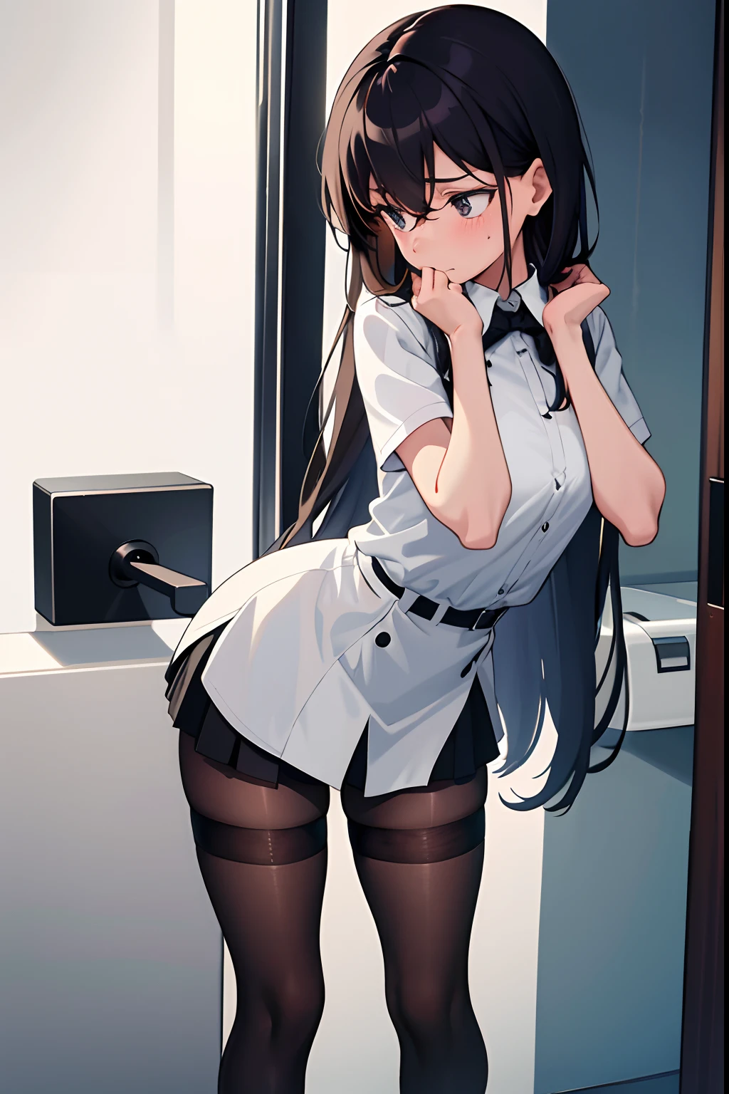 1 girl is taking to lavatory，looks away，are standing，Fleshy legs，black lence stockings，embarressed，is shy，Keep one's mouth shut，white backgrounid（The girl is peeing herself：0.4）