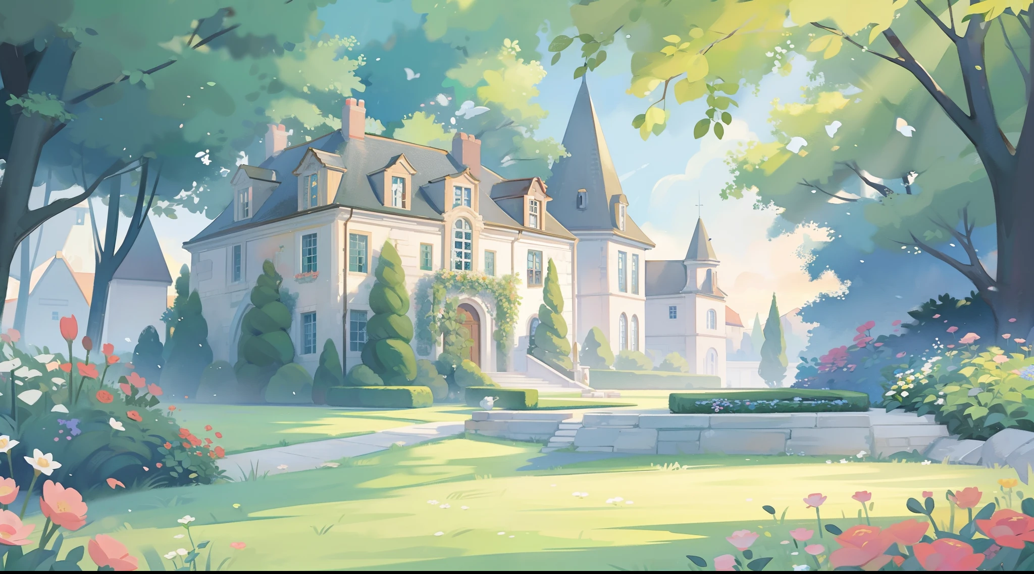 watercolor storybook illustration, hidden huge whimsical asymmetrical castle, warm colors, colorful flower garden, overgrown vines and plants, trees and bushes