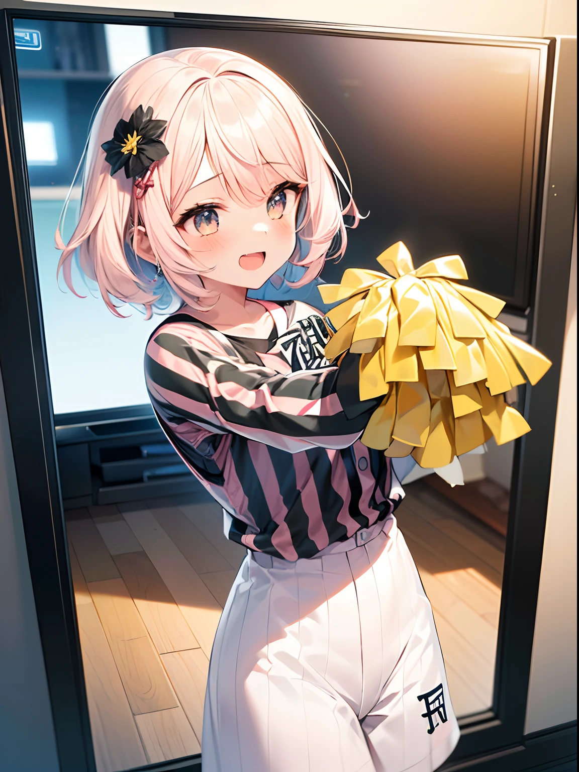 best quality, masterpiece, absurdres, highres, (1girl:1.6), (short shaggy perm hair:1.6), (light pink hair:1.5), (wearing the black vertical striped shirt:1.5), (flower effects:1.2), (cowboy shot:1.4), break (In front of a TV at home,:1.4) BREAK (a girl is enthusiastically cheering for the Hanshin Tigers:1.6). Her eyes are fixed on the screen, filled with excitement and tension. BREAK The room feels as if it's filled with the heat of the game.