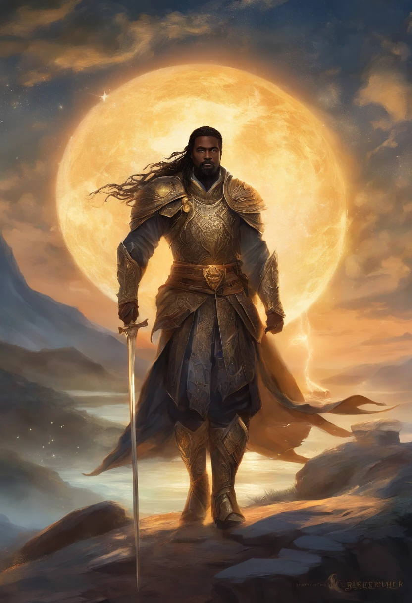 He is Earendil Galadaenar, a man who looks like Idris Elba, Henry Cavil e Rayleigh (one piece) tudo ao mesmo tempo. He is a medieval knight who wears a boar spear made of black steel in his right hand. He's wearing a body-themed plate armor of starry night and sea during moonlight. He is the last heir to a noble house that prides itself on having come from both the sea and an African tribe. Ele tem a pela um pouco mais escura, but not black.