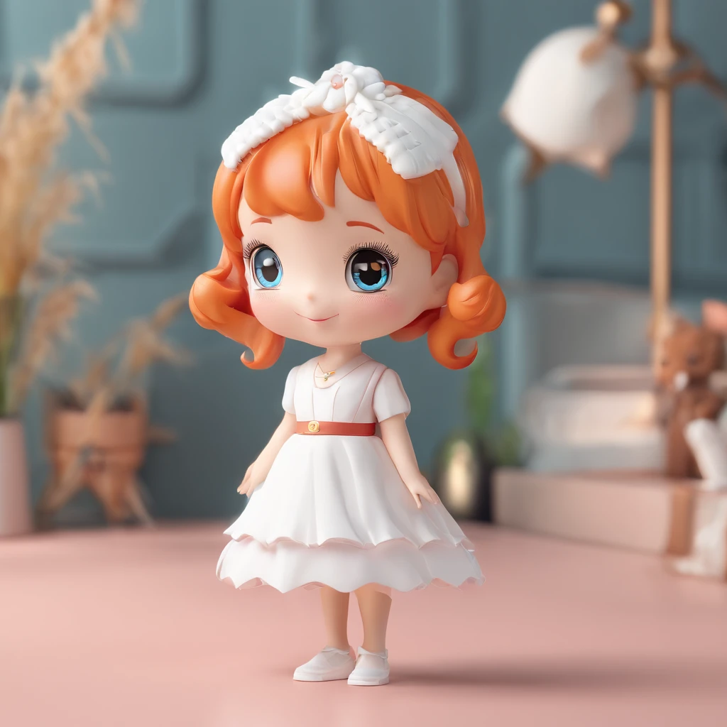 super cute girl IP by pop mart, Bright eyes, cherub,Little white dress, Clay, Models, a blind box toy, Glossy and delicate,Clean background, Good gloss, 3D rendering of,Best quality