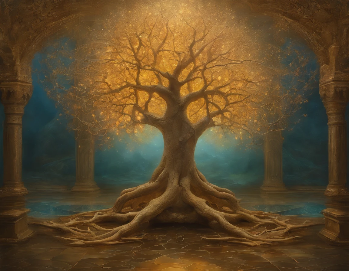 Beautiful symmetrical full body photo painted in oil with thick brushstrokes and wet paint, Fibonacci, golden ratio, melted wax, visible brushstrokes, surrounded by crystal spheres, 3D tessellation wireframe, neural graphic, neurons, tree of life, color, love, passion, oil on canvas, thick brushstrokes, insanely detailed, 8k uhd, masterpiece, artstation, surreal