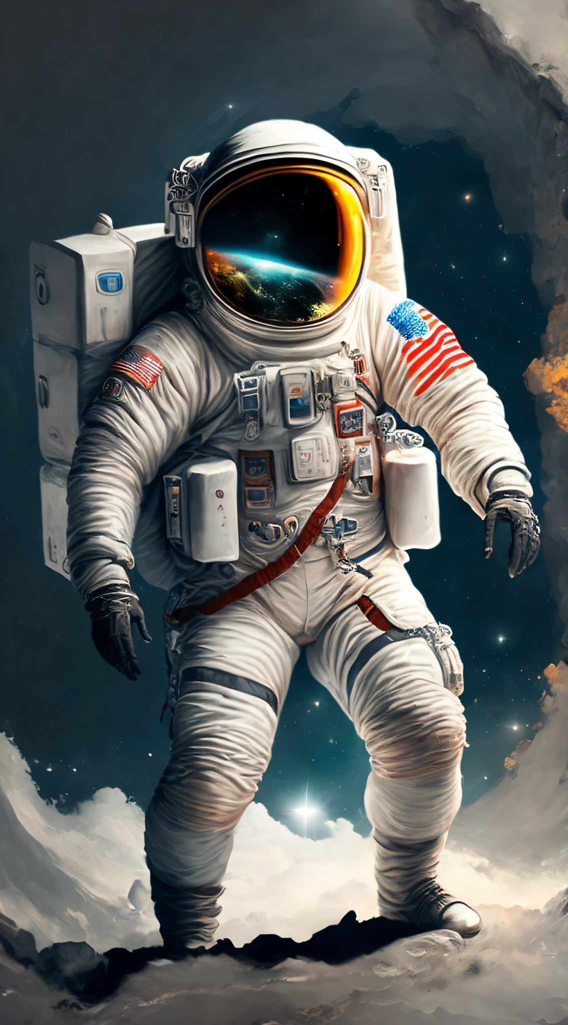 Um astronauta, infinito, olhando para o viewer
