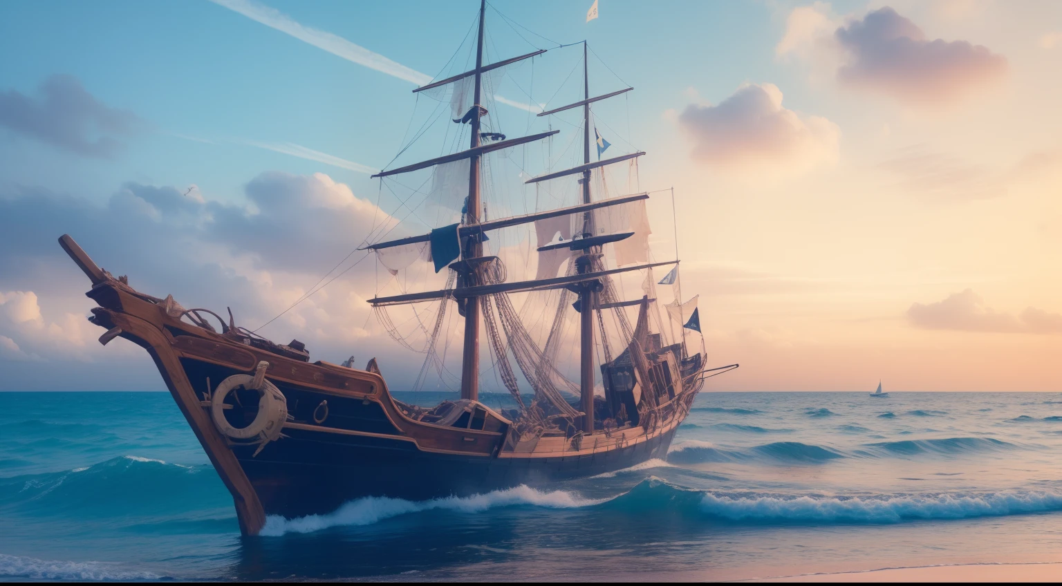 a pirate、Lying shipwreck、Vintage、Wreckage of an old sailing ship、Tattered sails、a pirate、treasures、History、ancientry、archaeology