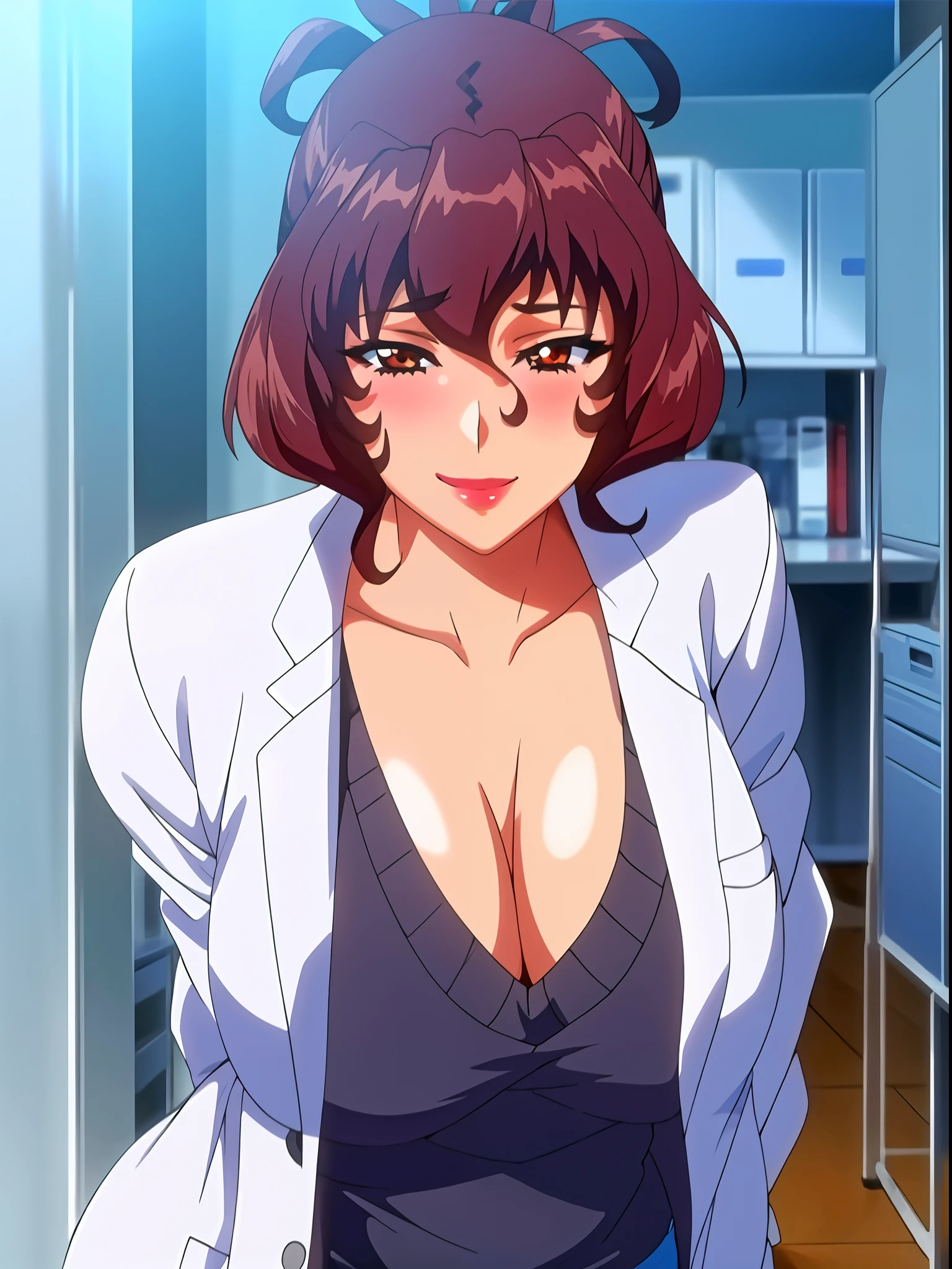 (beautiful hand:1.2), (masterpiece, best quality:1.3), Aiko Katsuragi, mature female, beautiful face, pretty face, (half body shot:1.05), 1girl, makeup, big breasts, lipstick, brown glowing eyes, folded ponytail, brown hair, cleavage, perfect body, (sexy body:1.3), (doctor, labcoat:1.2),  perfect eyes, perfect retina, blushed, eyeliner, eyeshadow, perfect face, smile (caring look:1.1), look at viewer, high sharpness, sharp focus, medical room, professional artwork, intricate details, vivid colors, Diffused lighting, digital blending, ultra detailed body, ultra detailed hair, ultra detailed face, trending on pixiv, for desktop wallpaper