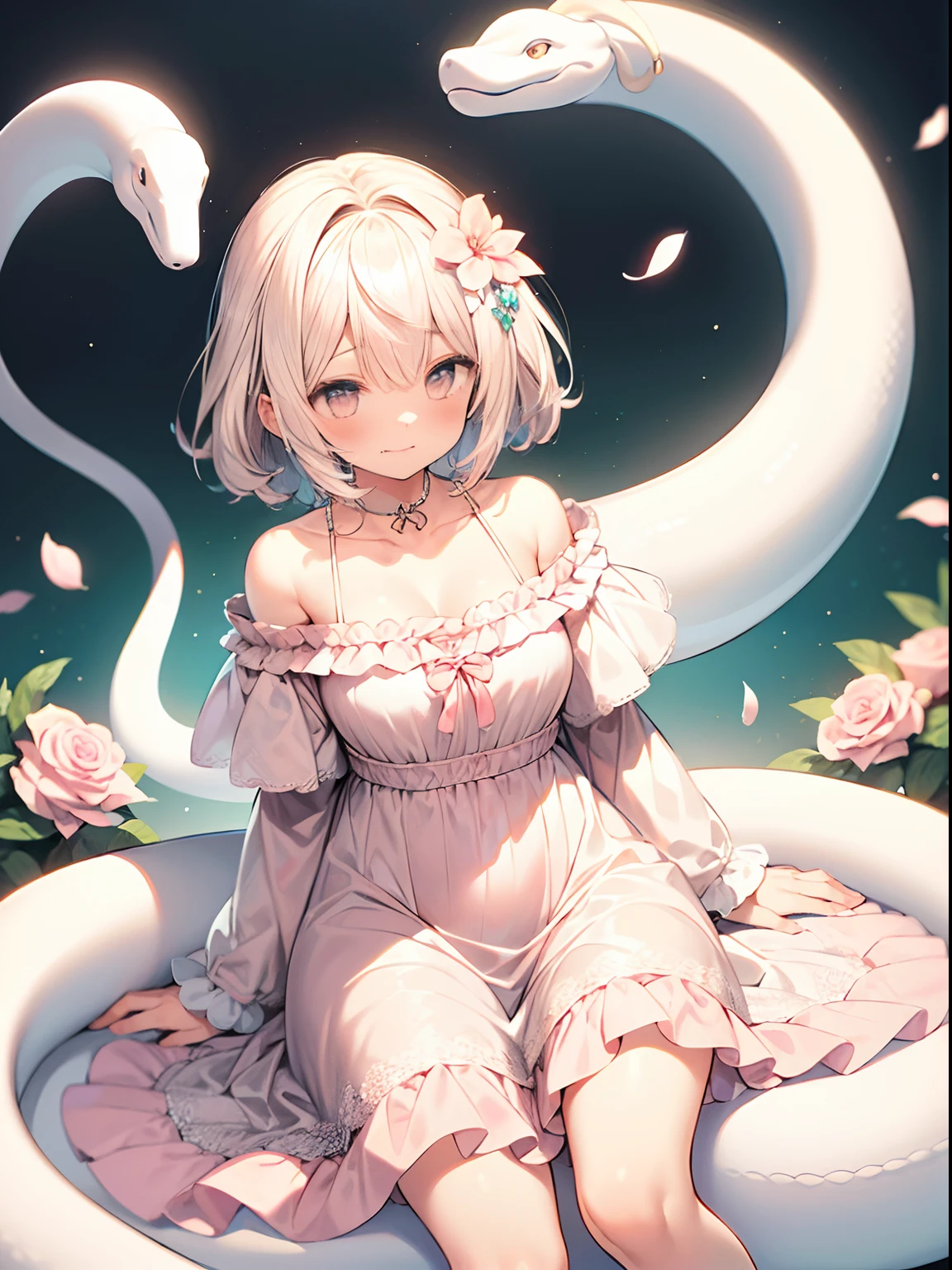 best quality, masterpiece, absurdres, highres, (1girl:1.6), (short shaggy perm hair:1.6), Fractal Art, BREAK (Light pink:1.5), kawaii, (happy smail:1.2), (Ruffled chiffon dresses:1.4), (flower effects:1.2), fancy, fancy, fancy, peaceful, best hand, BREAK (A white snake rests on his shoulder:1.4),