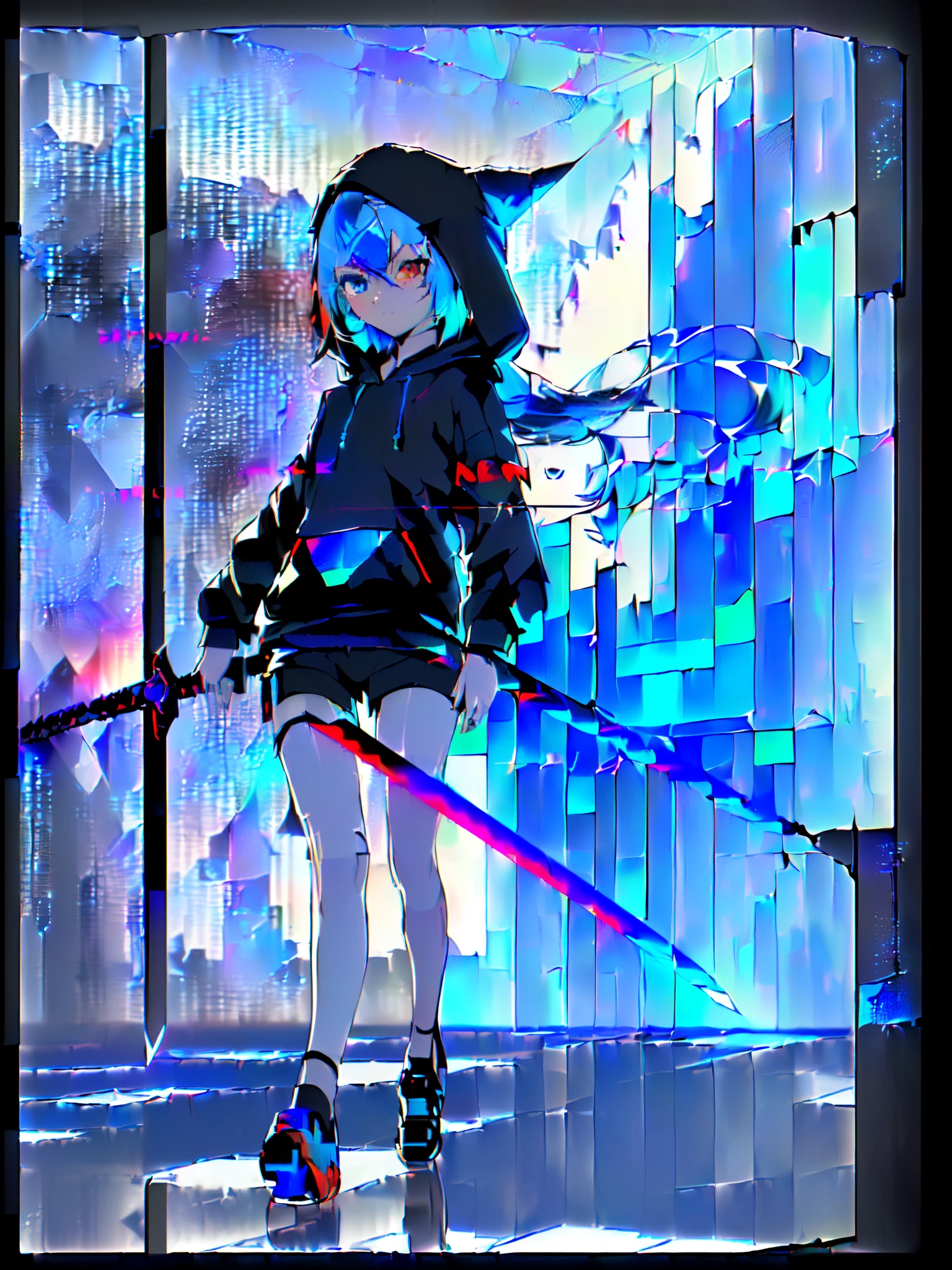 (one girls, About 10 years old, Straight in front, Blue hair, Long hair, Futuristic clothes, Black hoodie, Black shorts:1.2), (holds a sword, Walking:1.3), (Heterochromic, Blue Eye, Red Eye:1.4), (deadpan, Eyes without light, a closed mouth:1.3),(Broken background, dark backgrounds:1.3), (glitched, glitched:1.5),