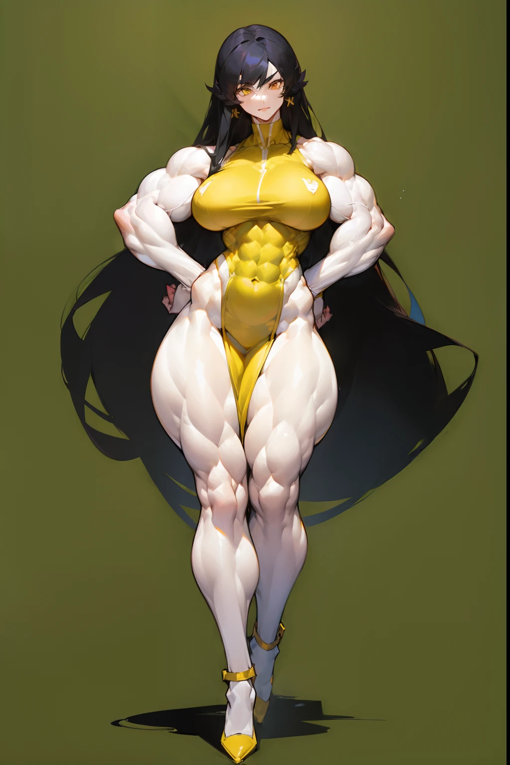 (((((1 girl))))), black hair, yellow eyes, very long hair, ((((((muscular)))))), tall, pale skin, ((tight dress)), ((full body)), (solo), (wide hips), (thick thighs), (large breasts)