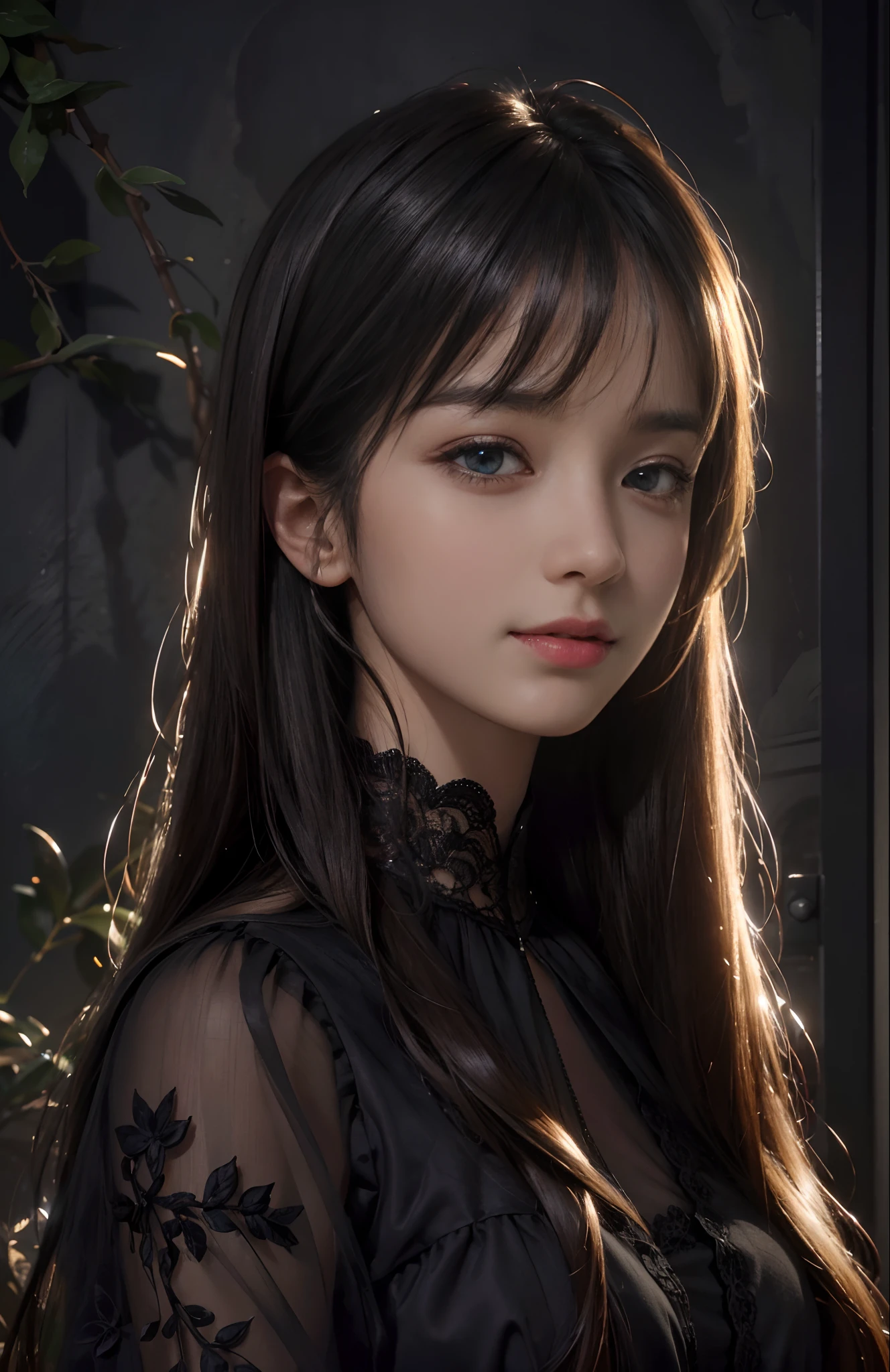 (Ultra Realistic), (Illustration), (Increased Resolution), (8K), (Extremely Detailed), (Best Illustration), (Beautiful and Detailed Eyes), (Best Quality), (Ultra Detailed), (Masterpiece ), ( wallpaper), (detailed face), solo, 1 girl, looking at viewer, fine details, detailed face, in the dark, deep shadows, low key, pureerosfaceace_v1, smiling, long hair, black shawl straight hair , 46 points oblique bangs