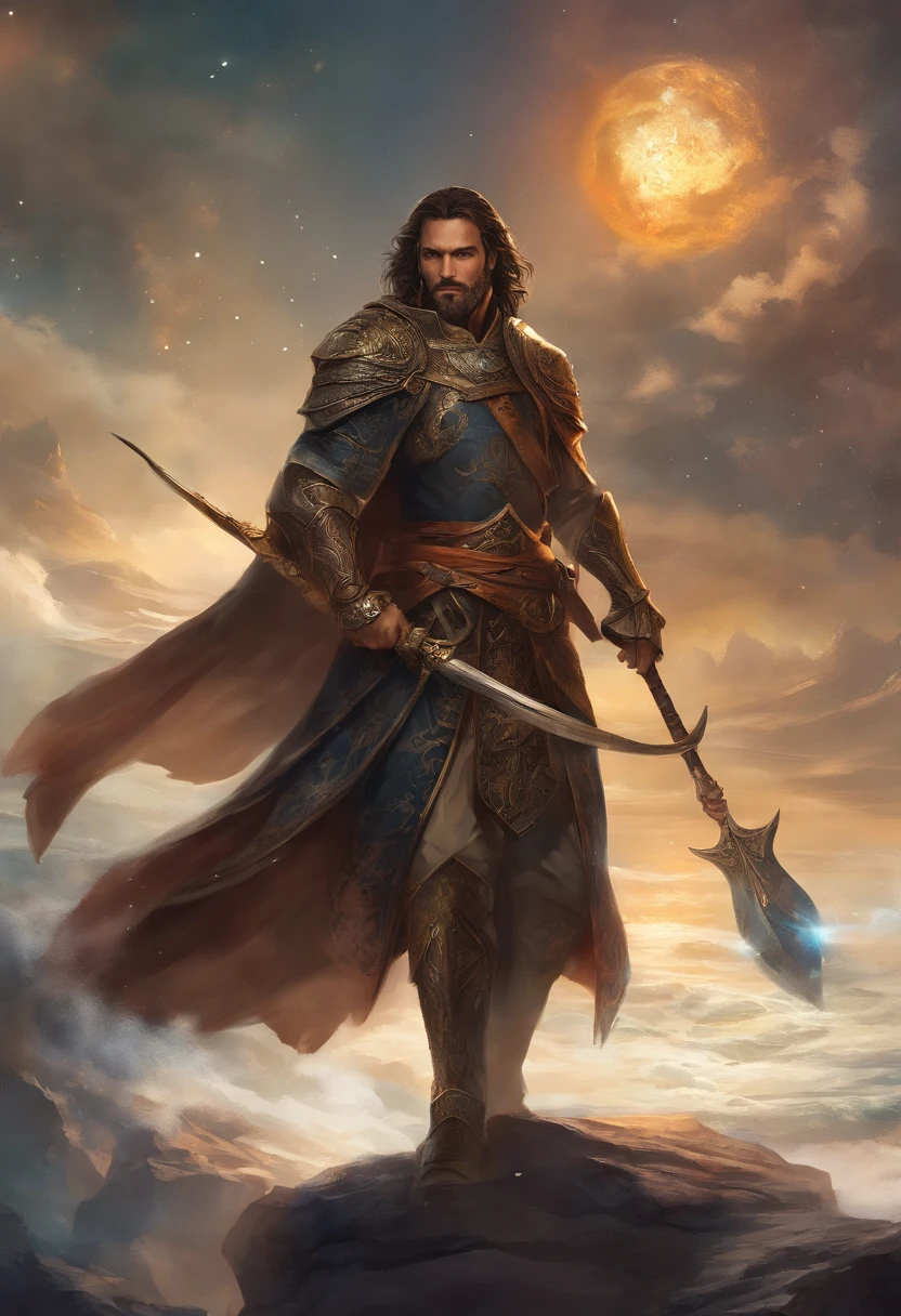 He is Earendil Galadaenar, a man who looks like Idris Elba, Henry Cavil e Rayleigh (one piece) tudo ao mesmo tempo. He is a medieval knight who wears a boar spear made of black steel in his right hand. He's wearing a body-themed plate armor of starry night and sea during moonlight. He is the last heir to a noble house that prides itself on having come from both the sea and an African tribe. Ele tem a pela um pouco mais escura, but not black.