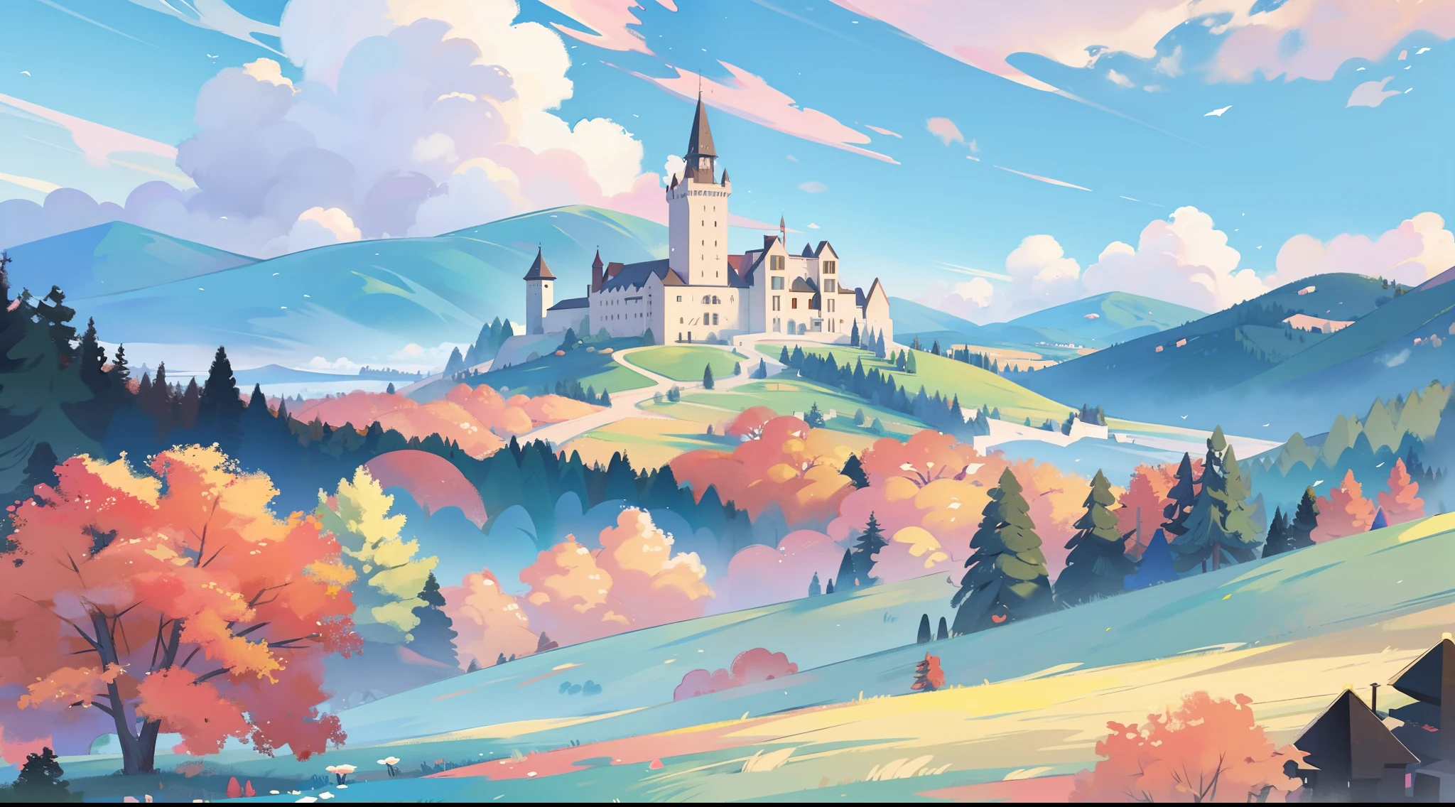 watercolor storybook illustration, huge whimsical asymmetrical castle, towers and turrets, clouds, warm autumn colors, forest, mountains in background