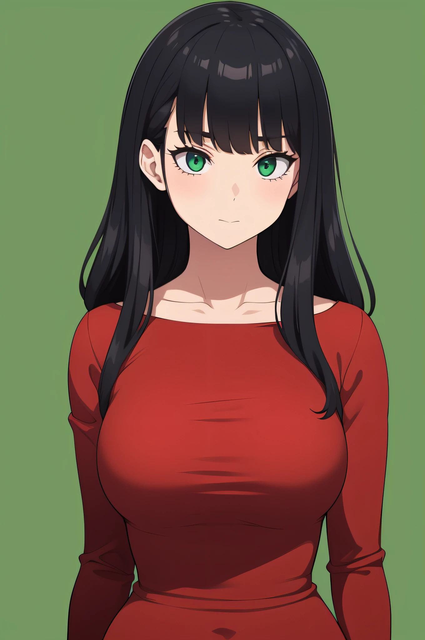 girl, (green background), (black hair), (red dress)