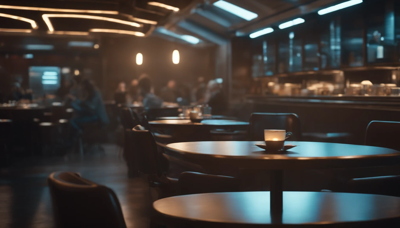 Cafeteria, cenario futurista, cyberpunk, 8k